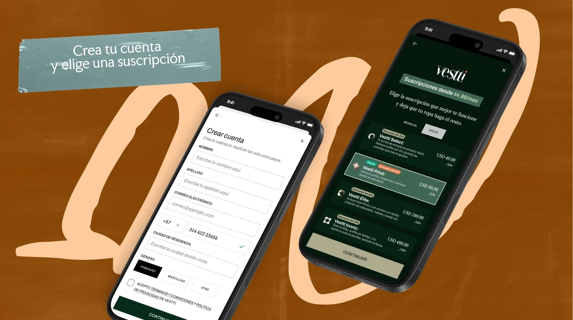 Pantallas de celular mostrando proceso para crear una cuenta y seleccionar una suscripción en la app de Vestti, con fondo marrón y un cartel que dice 'Crea tu cuenta y elige una suscripción'.
