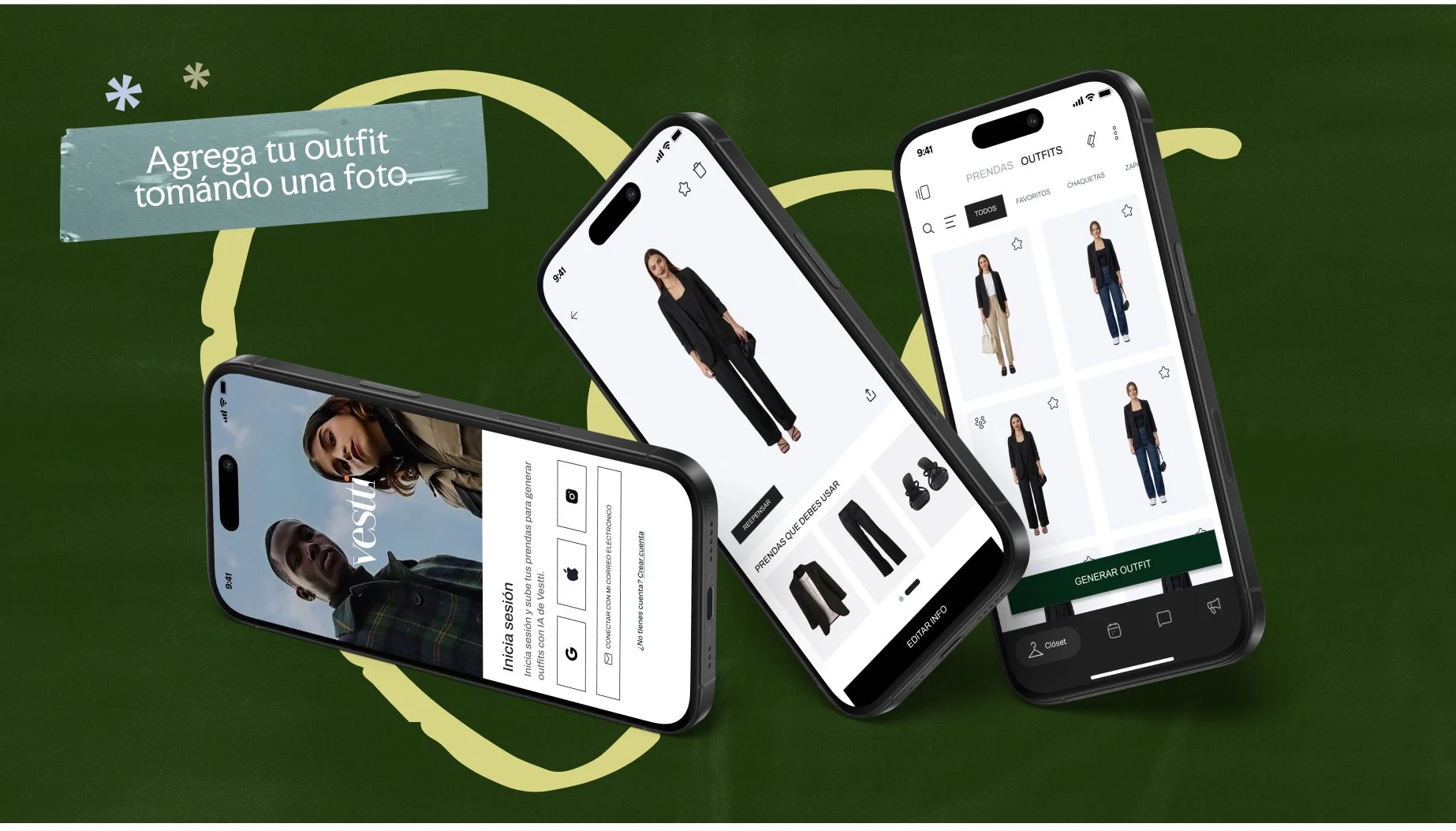 Pantallas de teléfonos móviles con una aplicación de moda y prendas en una interfaz digital, colocados sobre un fondo verde con elementos decorativos.