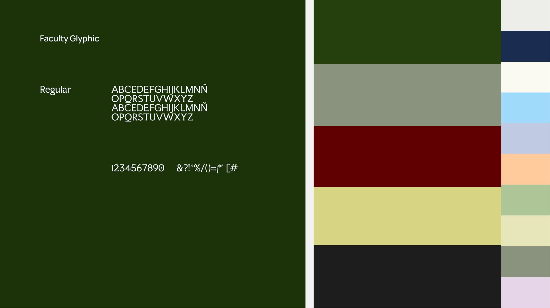 Muestra una paleta de colores y el texto que describe la tipografía, como 'Faculty Glypfic', en un fondo verde oscuro.