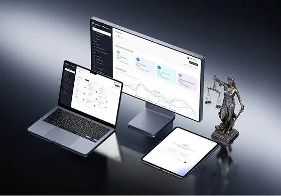 Configuración de diferentes dispositivos electrónicos y una estatua de la diosa Justicia sobre un escritorio oscuro.