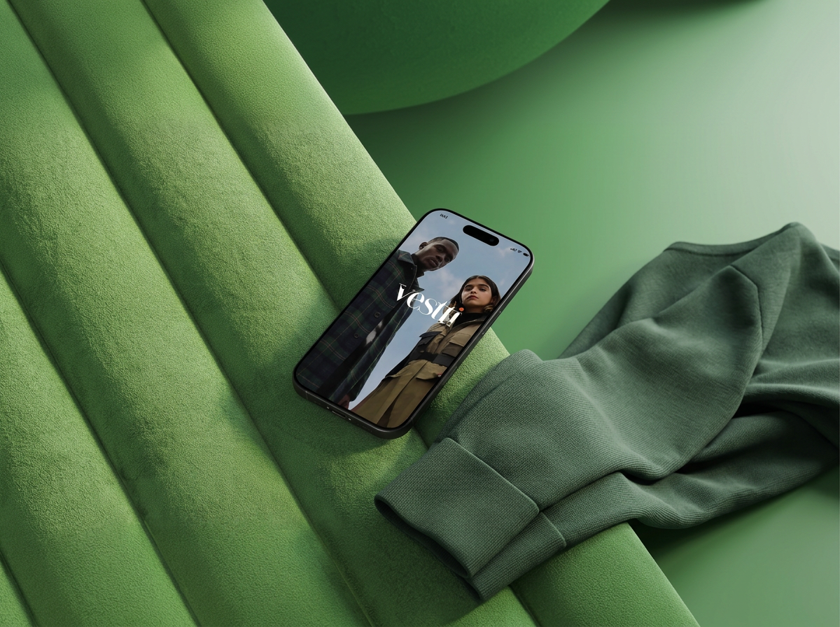 Un teléfono inteligente con la palabra 'vesti' en la pantalla, sobre un fondo verde con un saco y una prenda de ropa también de color verde.