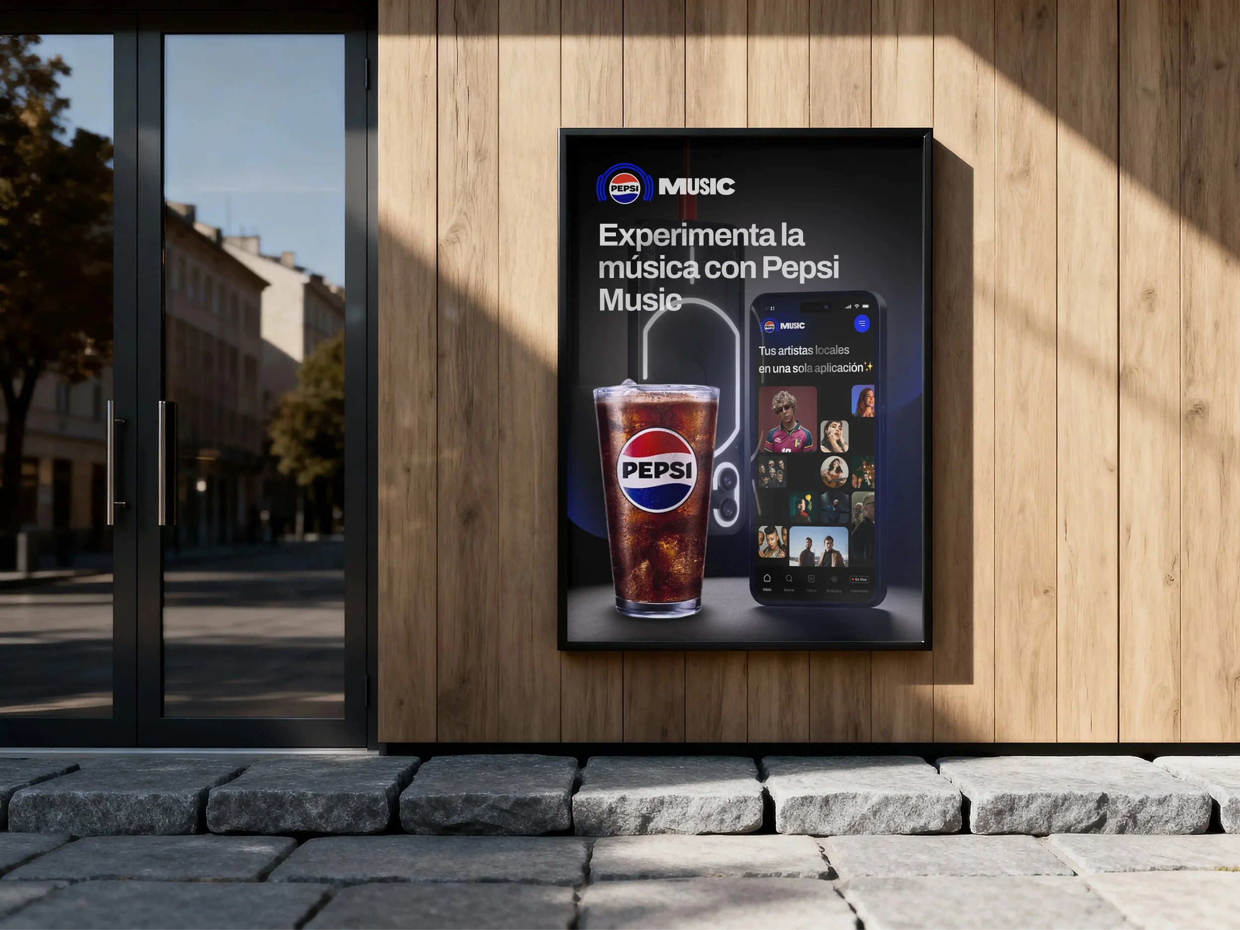 Cartel publicitario en una pared de madera que promociona la música con Pepsi Music, mostrando un teléfono móvil con una aplicación de música, un vaso de refresco y perfiles de artistas locales.