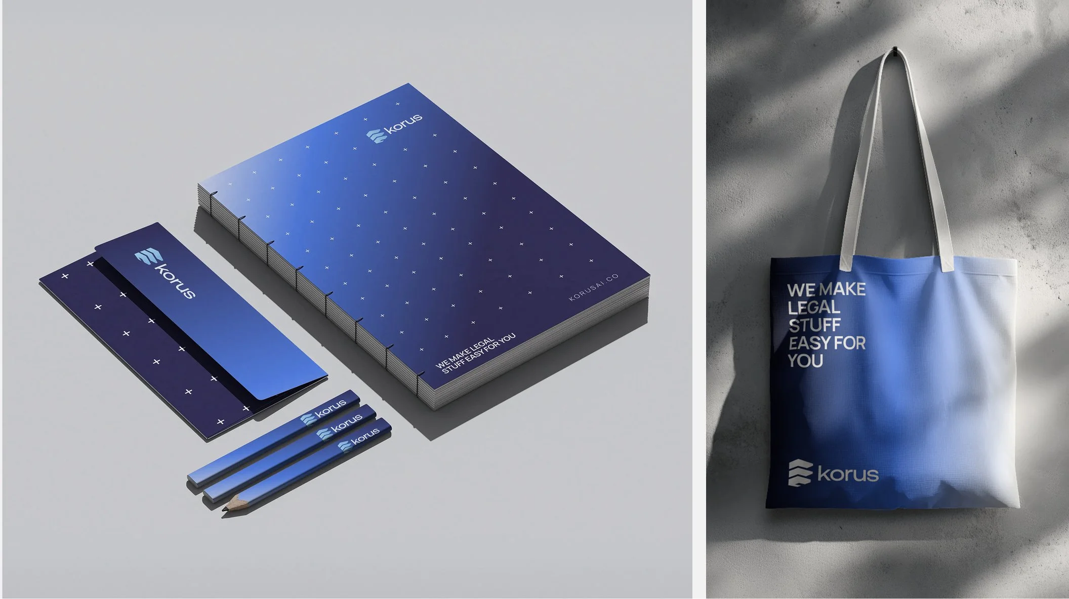 Material promocional de Makus, incluyendo folletos, bolígrafos, una libreta y una bolsa, todos con el logotipo y el eslogan de la empresa en tonos azules y blancos.