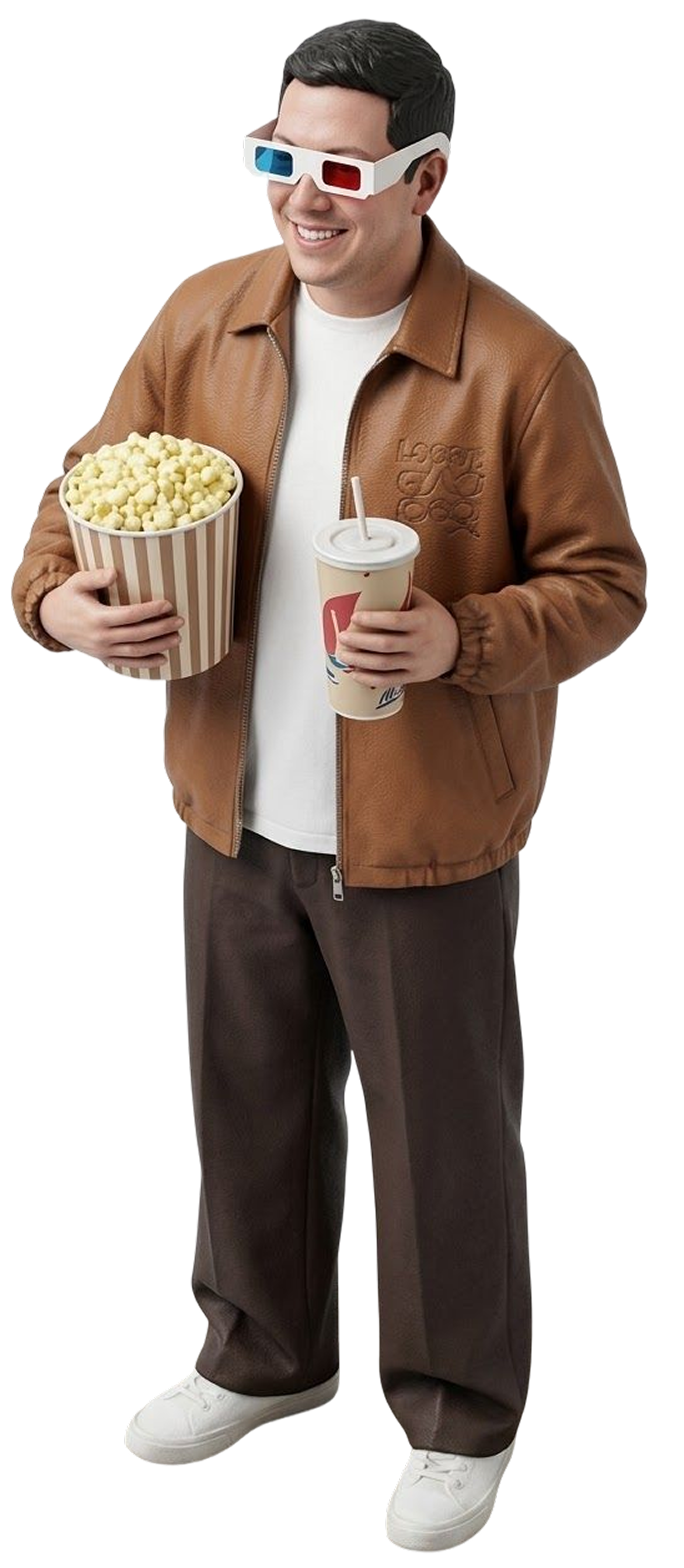 Hombre sonriente con gafas de 3D, sosteniendo un cubo de palomitas y un vaso de bebida en una mano