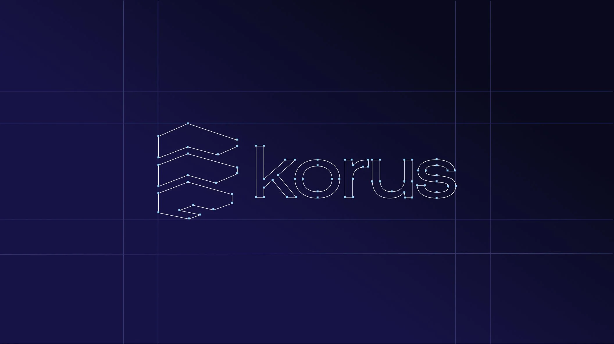 Logotipo estilizado con la palabra 'Korus' en línea de puntos blancos con un fondo azul oscuro y líneas de cuadrícula.