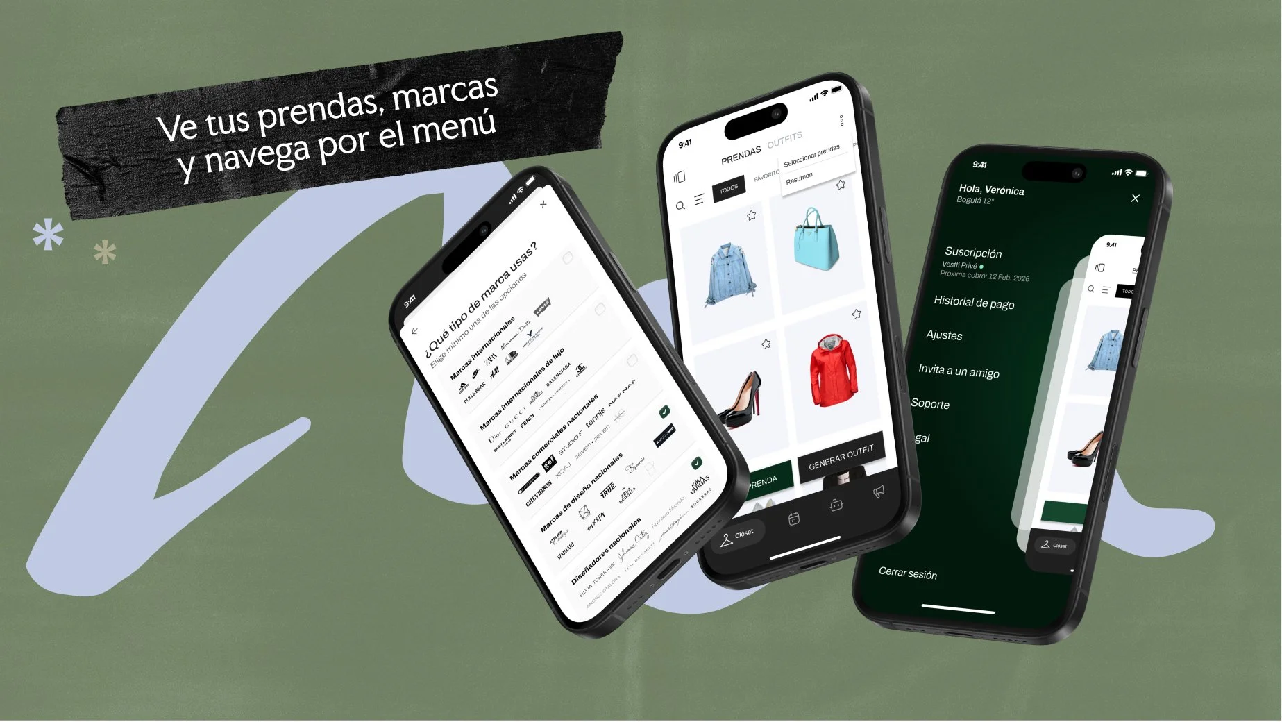 Pantallas de una aplicación de compras en un teléfono móvil, que muestran diferentes secciones como prendas, marcas y perfil de usuario, con un fondo de color verde y un mensaje en la parte superior que dice 'Ve tus prendas, marcas y navega por el menú'.