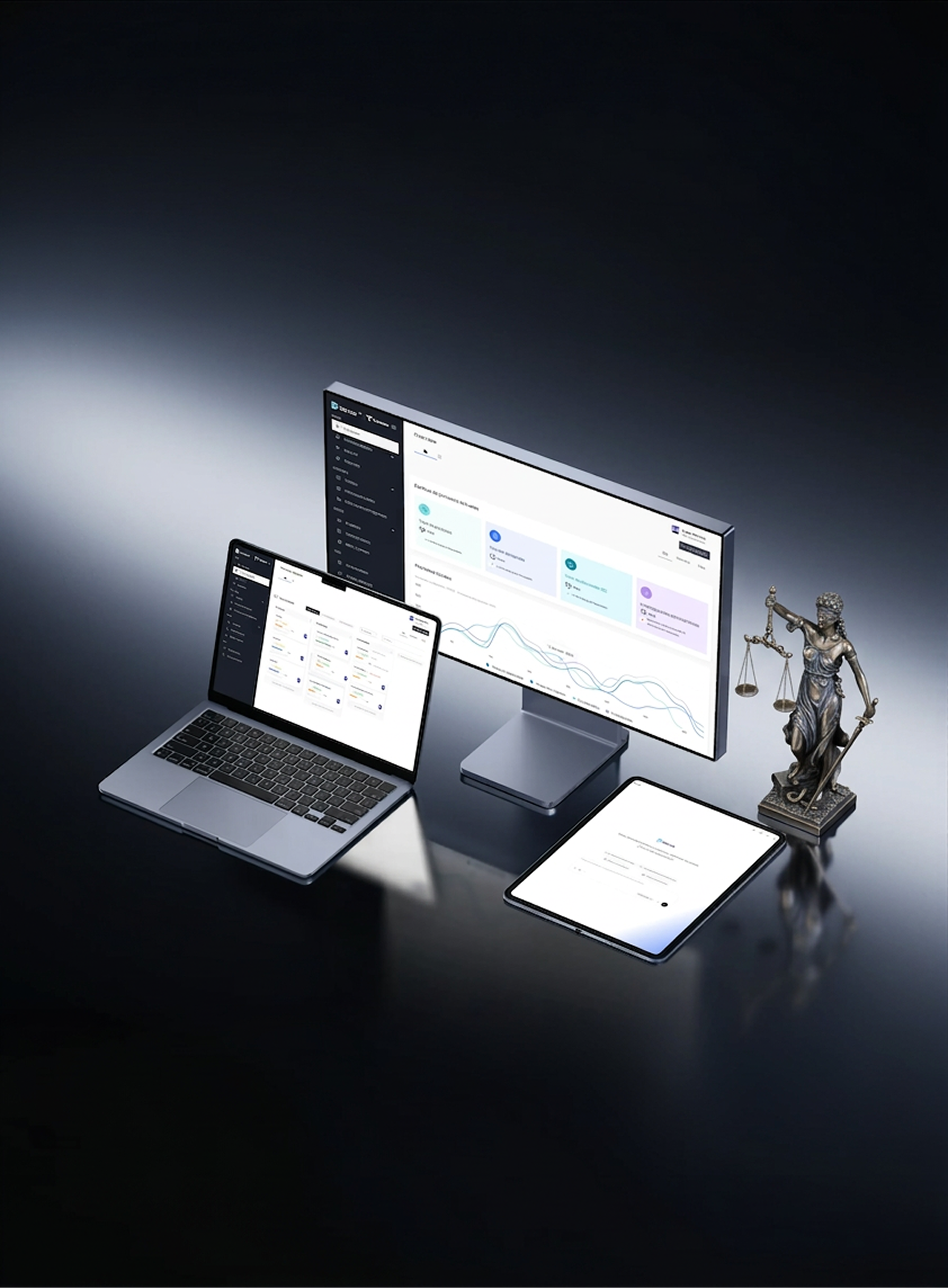 Una configuración de escritorio con una laptop, un monitor, una tableta, una estatua de la diosa de la justicia y varios dispositivos electrónicos, todo en una superficie negra.