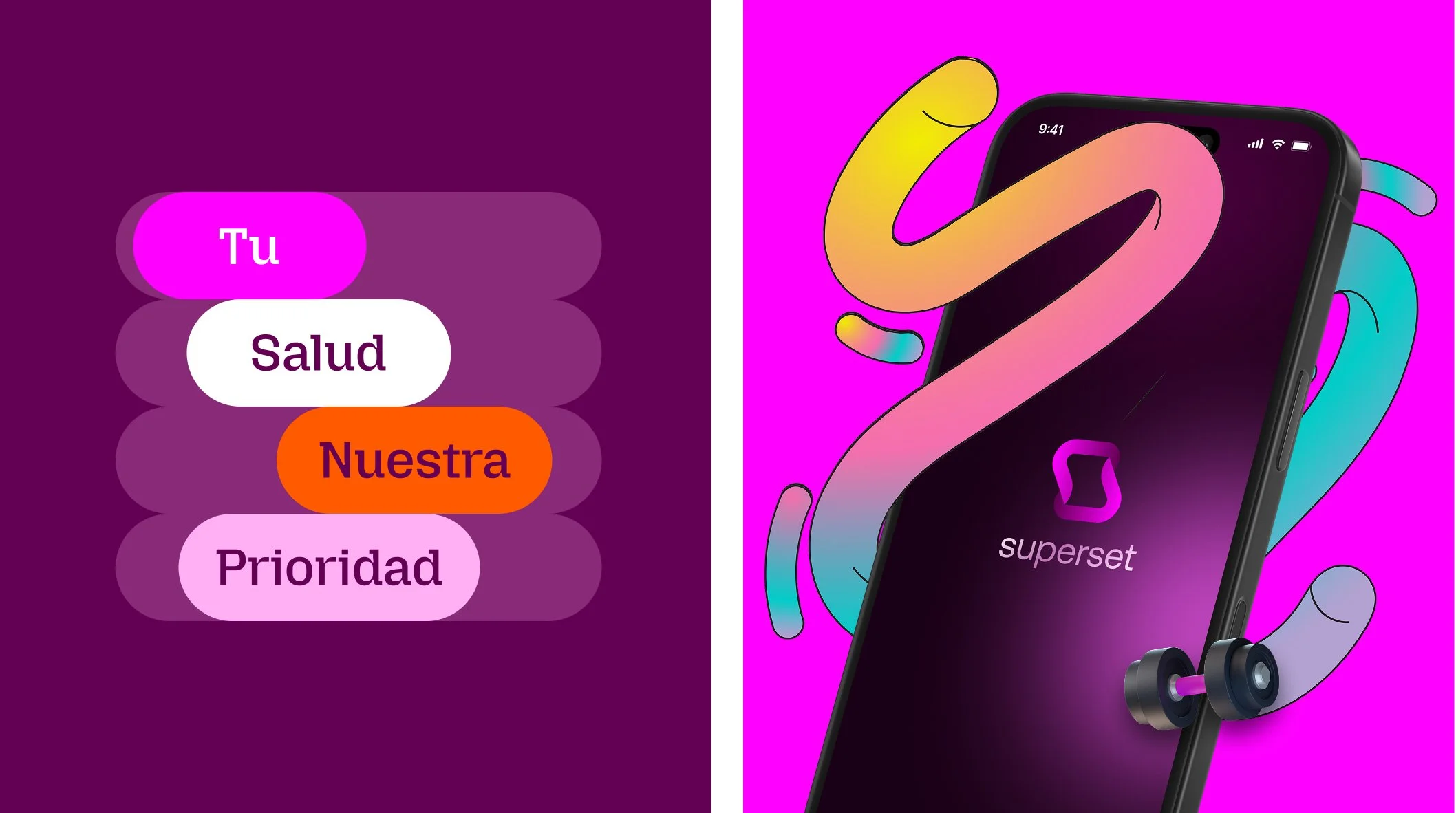 Primera parte: lema en fondo púrpura con palabras en recuadros: 'Tu', 'Salud', 'Nuestra', 'Prioridad'. Segunda parte: teléfono inteligente con aplicación 'Superset' y audífonos, con fondo rosa con detalles coloridos.