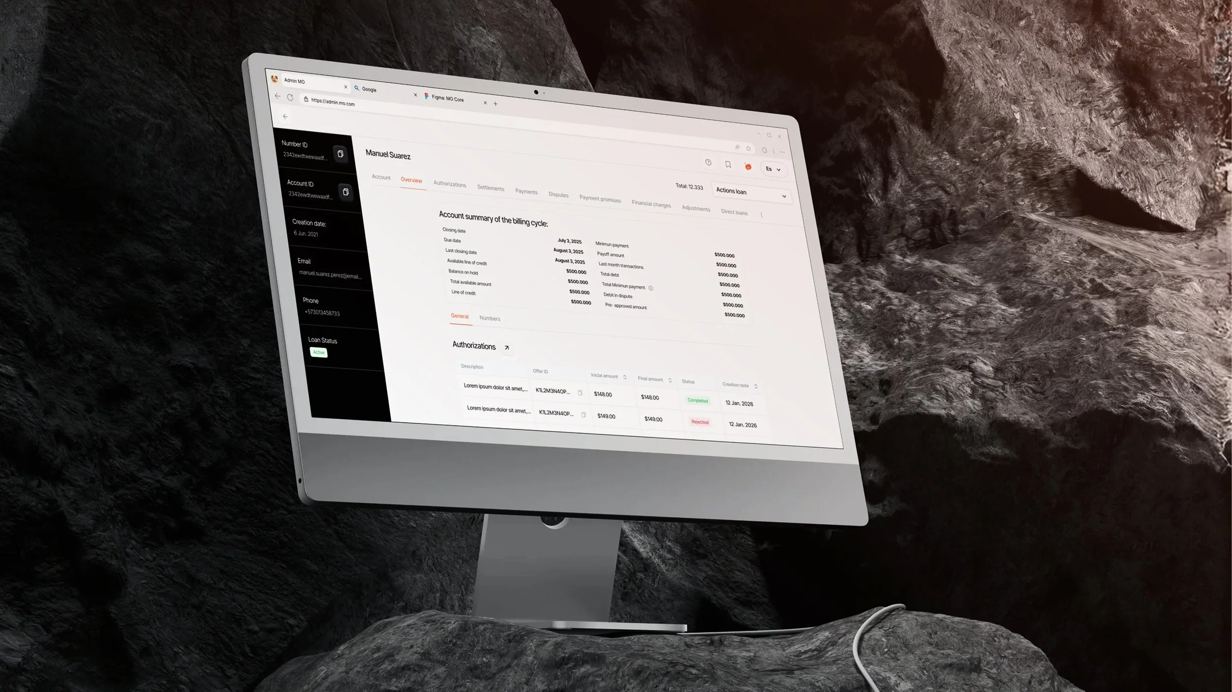 Pantalla de computadora en un entorno rocoso que muestra un sistema de gestión de cuentas, con varias pestañas abiertas y detalles de facturación y autorizaciones.
