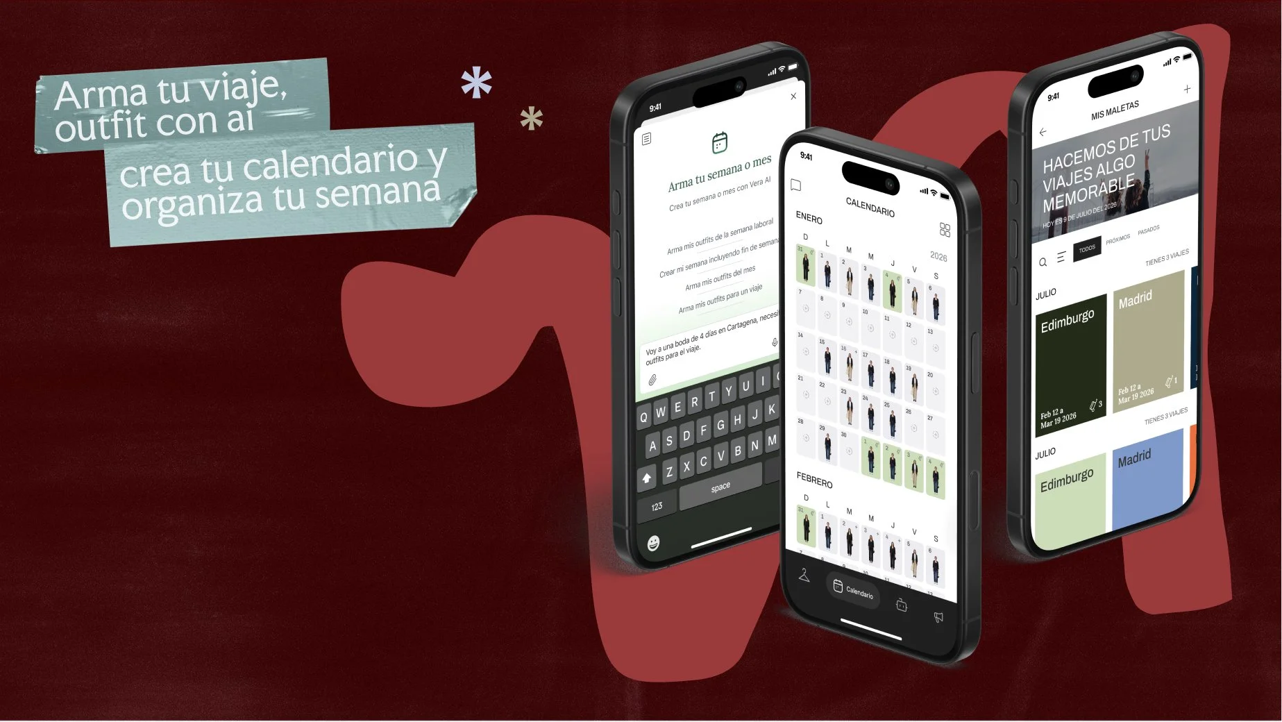 Tres teléfonos móviles mostrando una aplicación de planificación y organización de viajes, con calendarios y listas de destinos.