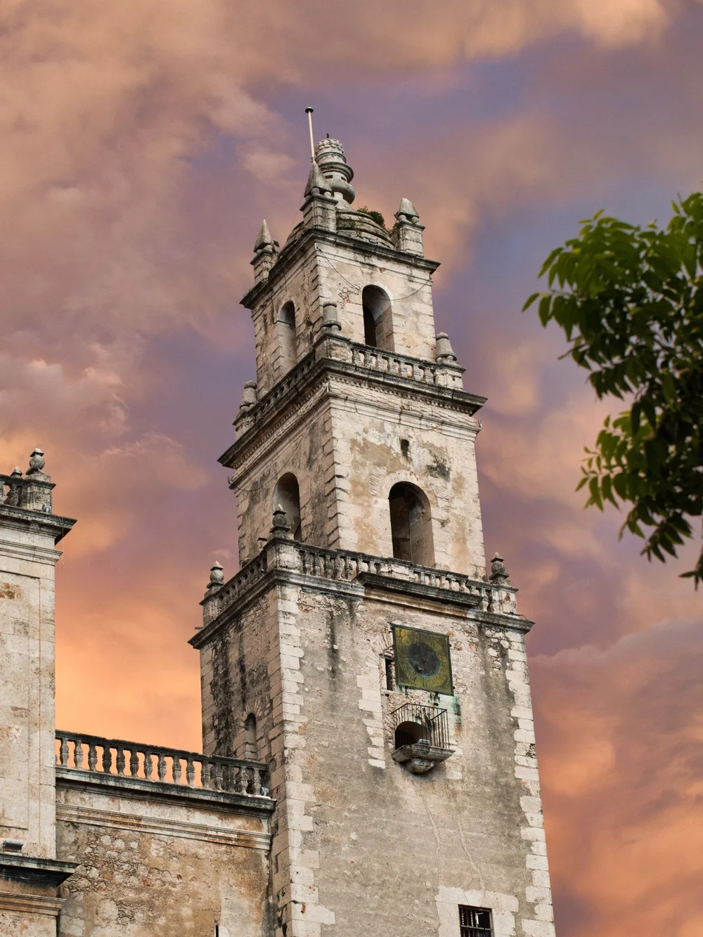 Colonial church tower at sunset in Mérida