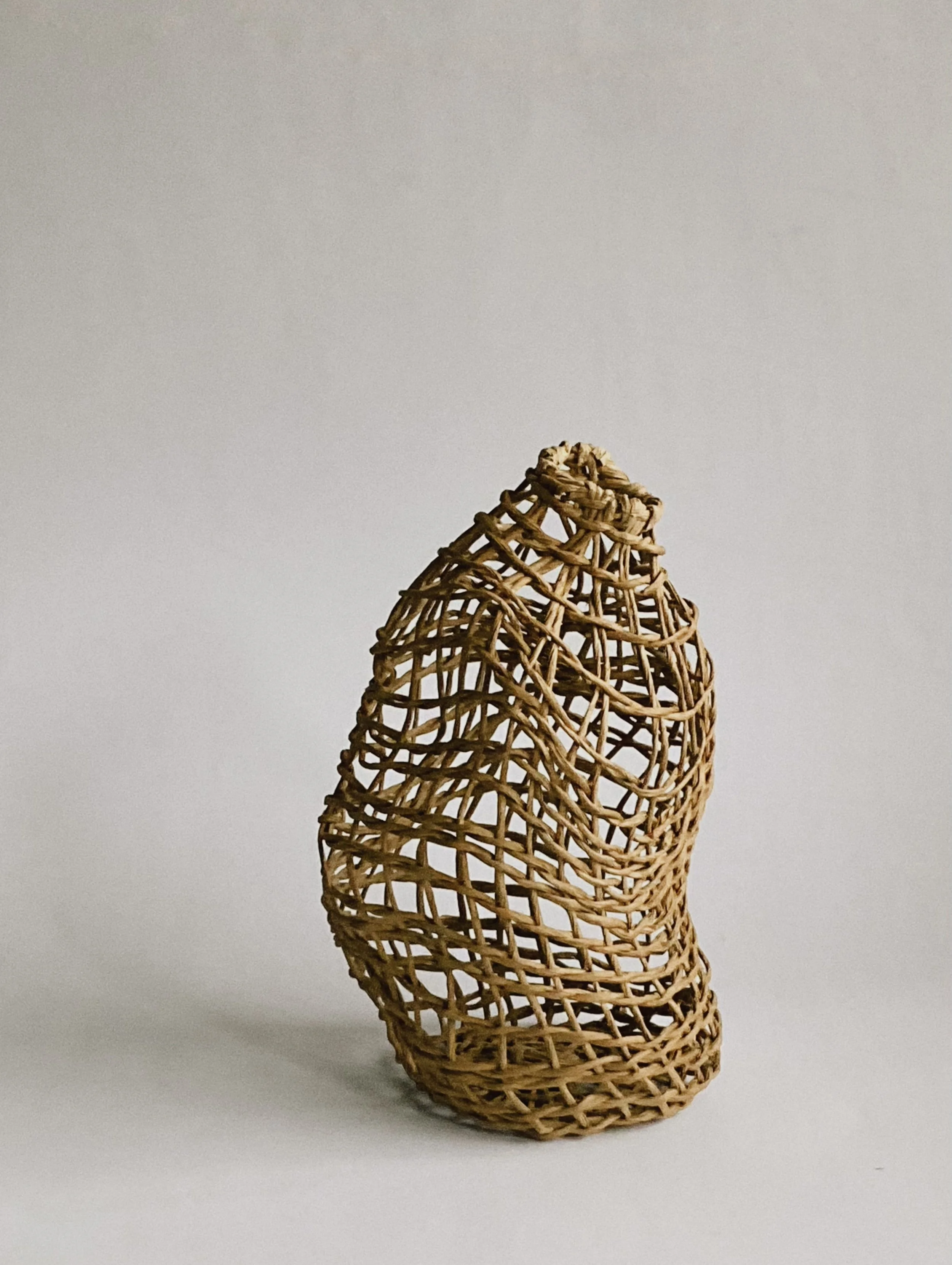 a handwoven organic sculpture with a vase-like appearance softly sitting with ease surrounding by an off white background. enjoy.