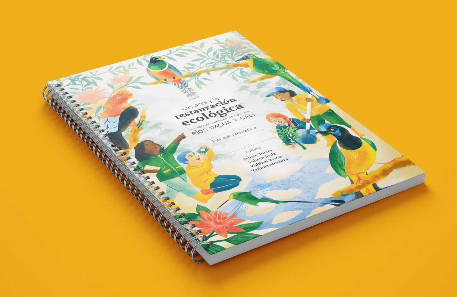 Cuaderno con ilustraciones de aves y niños en la portada, titulado "Las aves y la restauración ecológica en las cuencas de los ríos Dagua y Cali" sobre fondo amarillo.