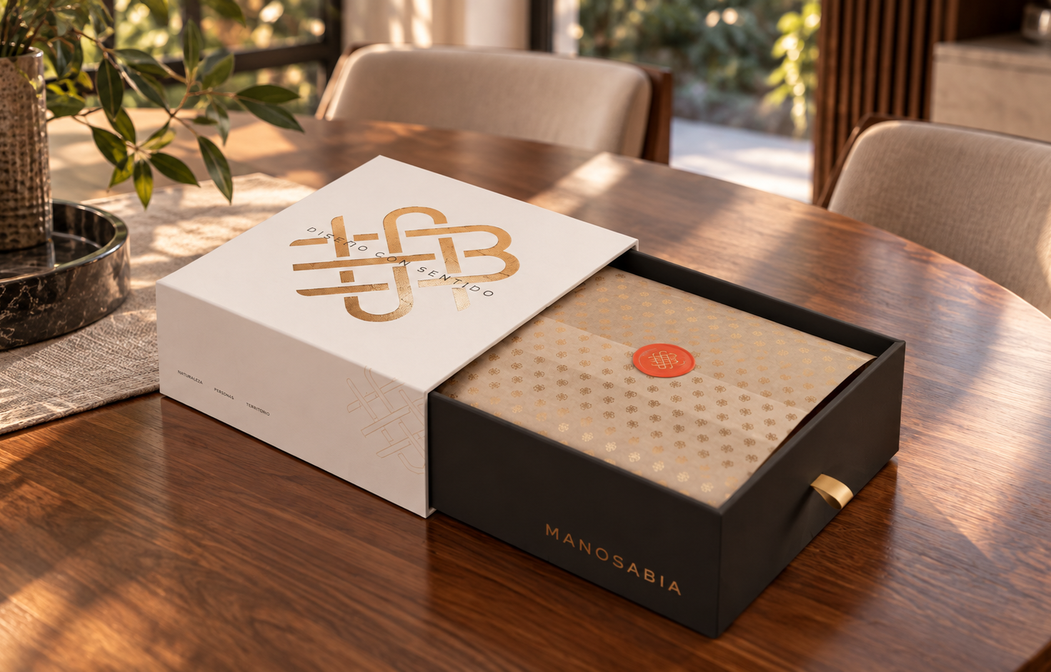 Caja de regalo en una mesa de madera, con el logo y la palabra 'Manosabia', con papel decorativo estampado en su interior, en un ambiente con luz natural y plantas al fondo.