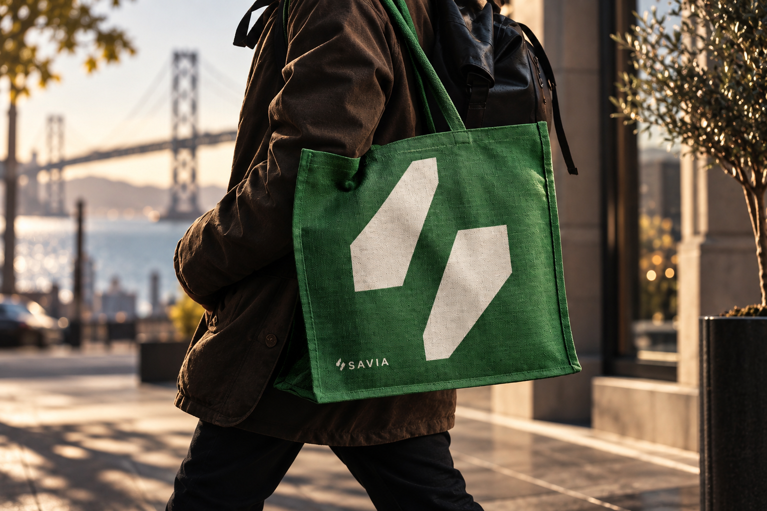 Persona caminando con bolso verde en una ciudad, con puente y río de fondo, durante el atardecer.