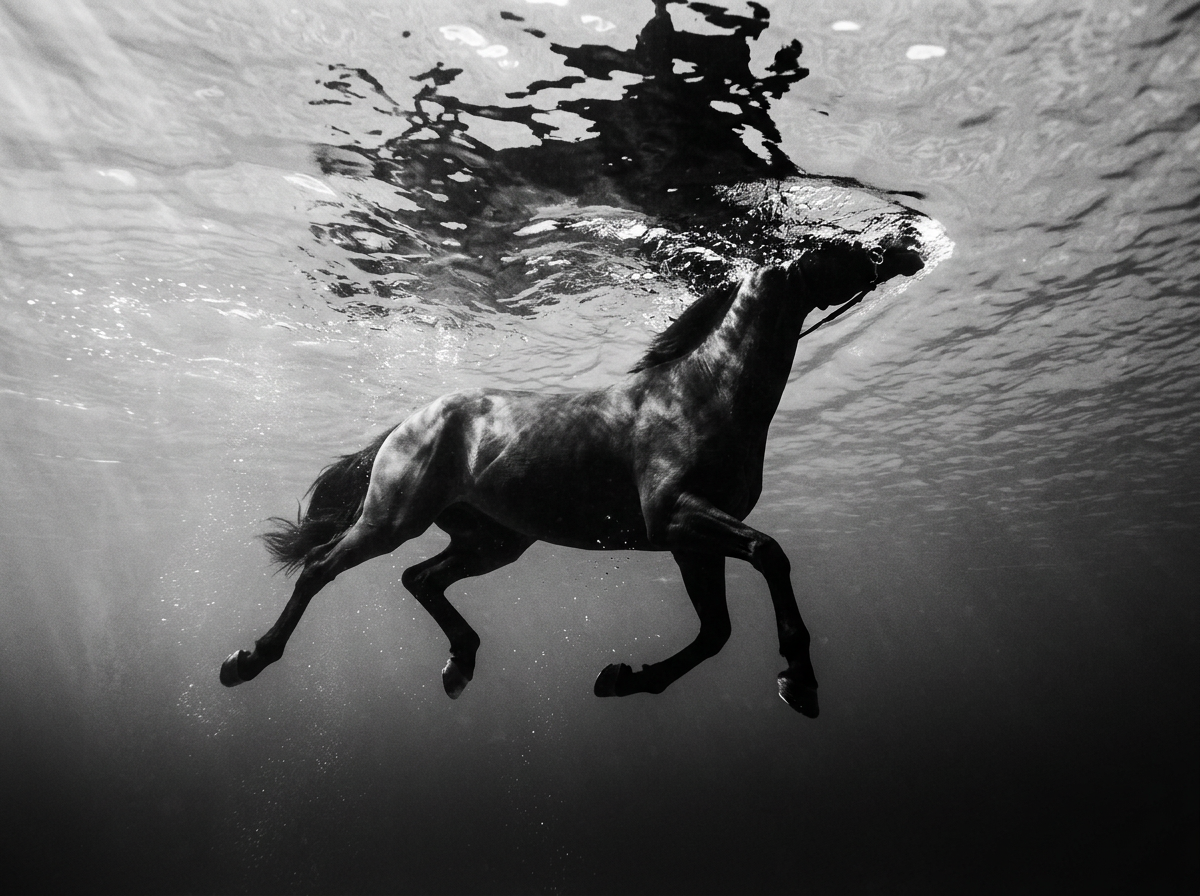 Caballo negro nadando bajo el agua