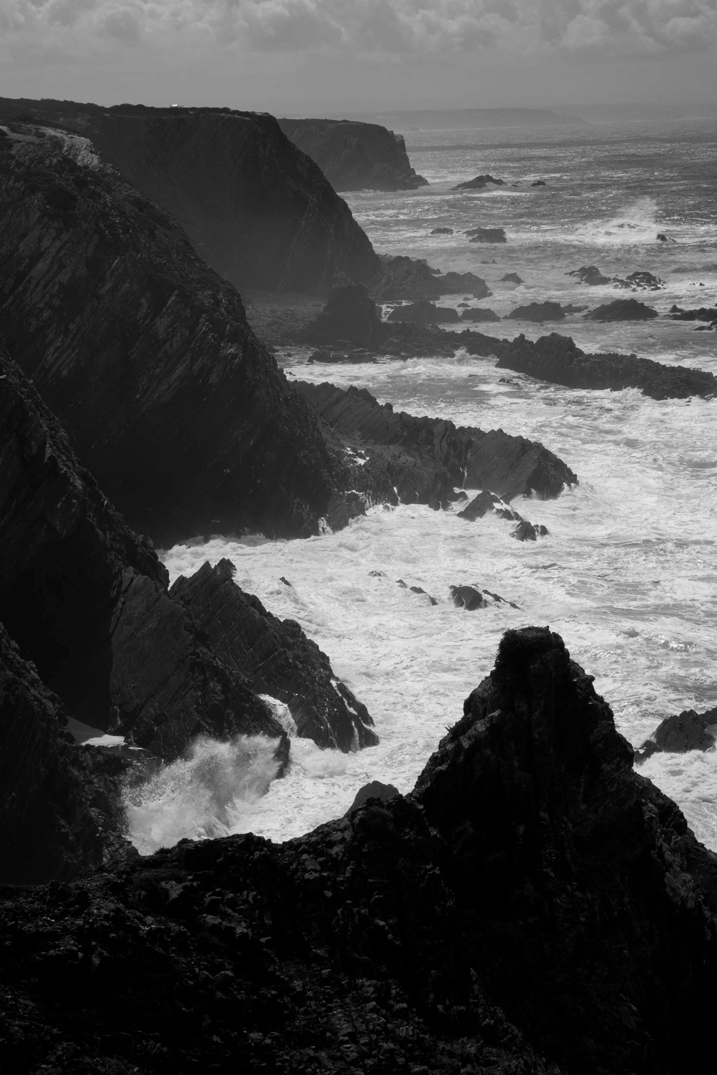 Playas rocosas con olas rompiendo y cielo nublado, en una escena en blanco y negro del océano y acantilados.
