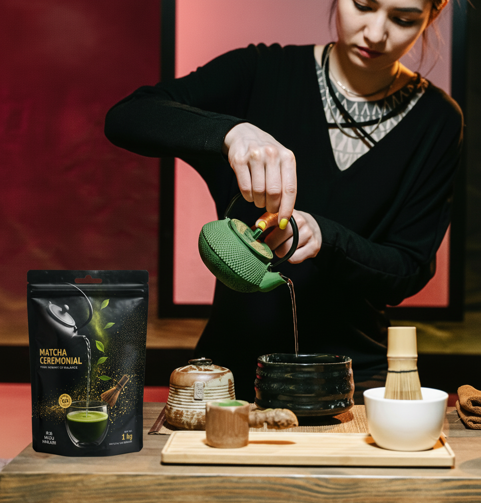 Una mujer prepara una bebida de té matcha en un utensilio tradicional con una bolsita de té matcha ceremonial en primer plano.