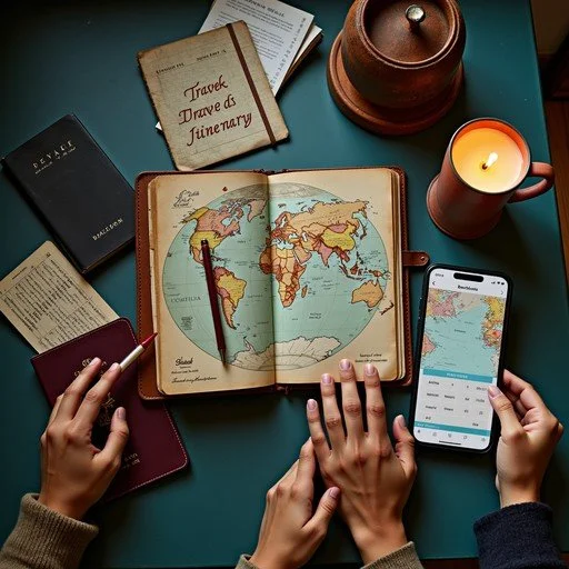 Travel planning setup with a world map in a journal, a smartphone displaying a map, various travel documents, a candle, and a teapot on a teal table.