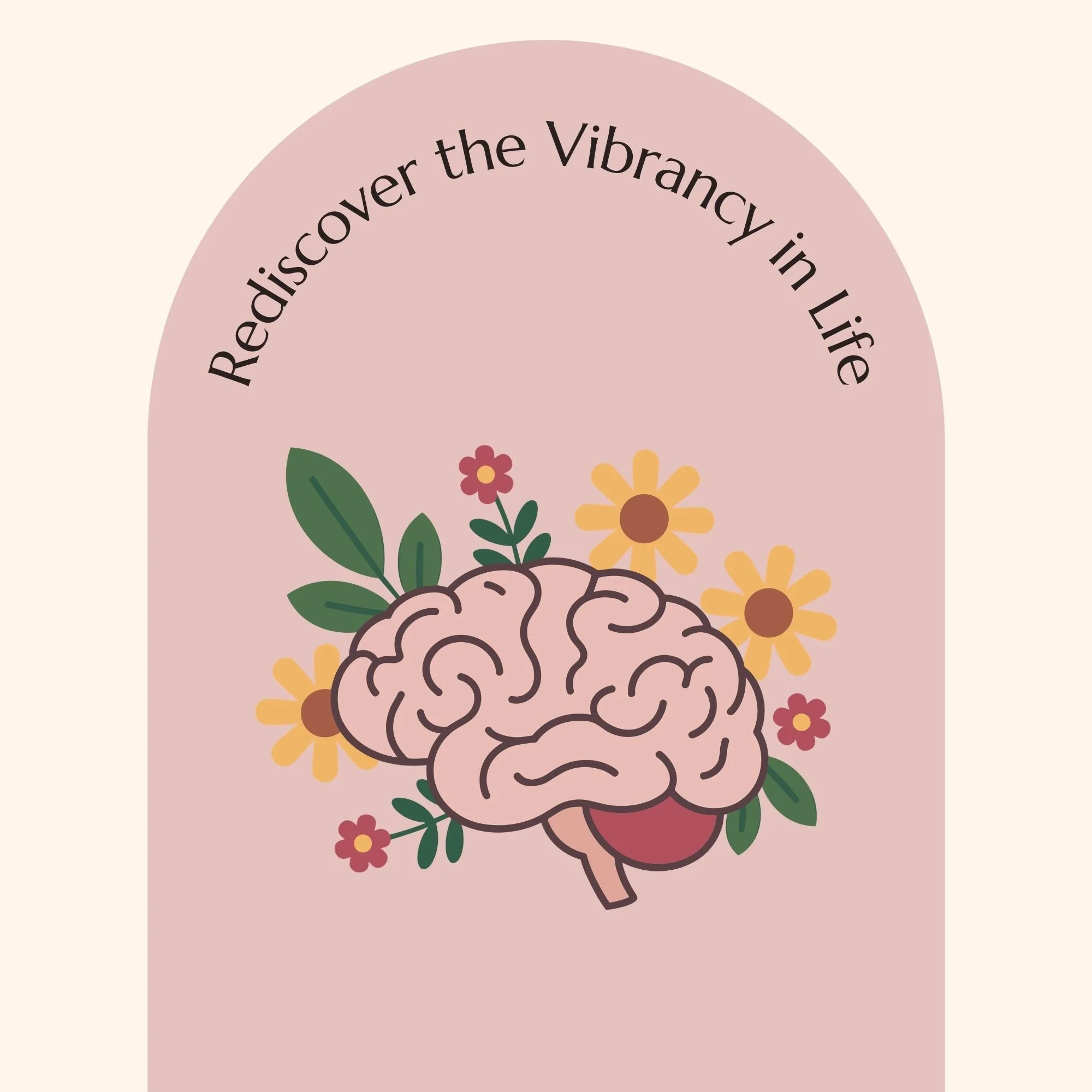 An illustration of a human brain with flowers around it, emphasizing discovering the vibrancy in life.