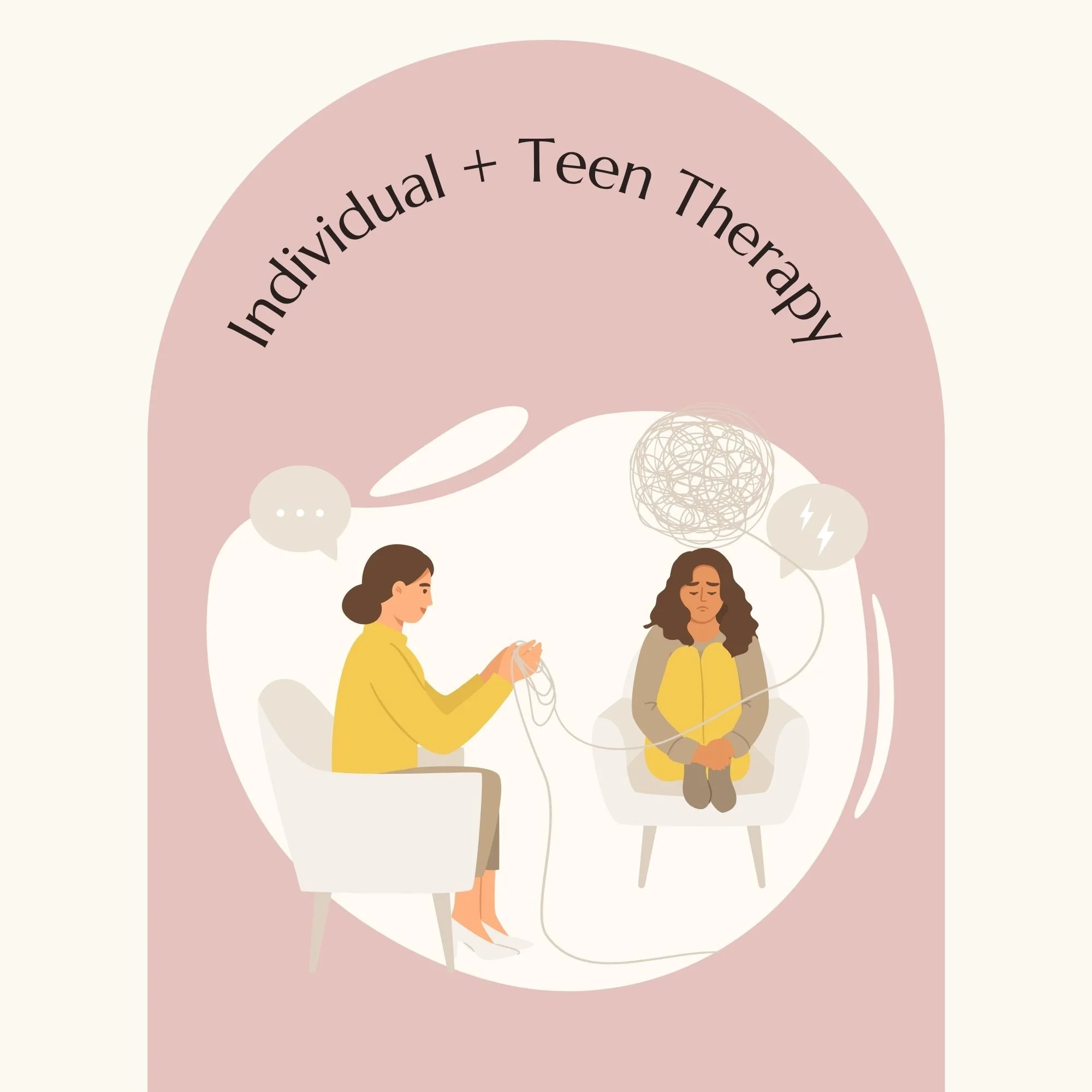 Illustration of two women having a conversation, surrounded by thought bubbles and abstract shapes, with text reading 'Individual + Teen Therapy' inside a pink semicircular shape.