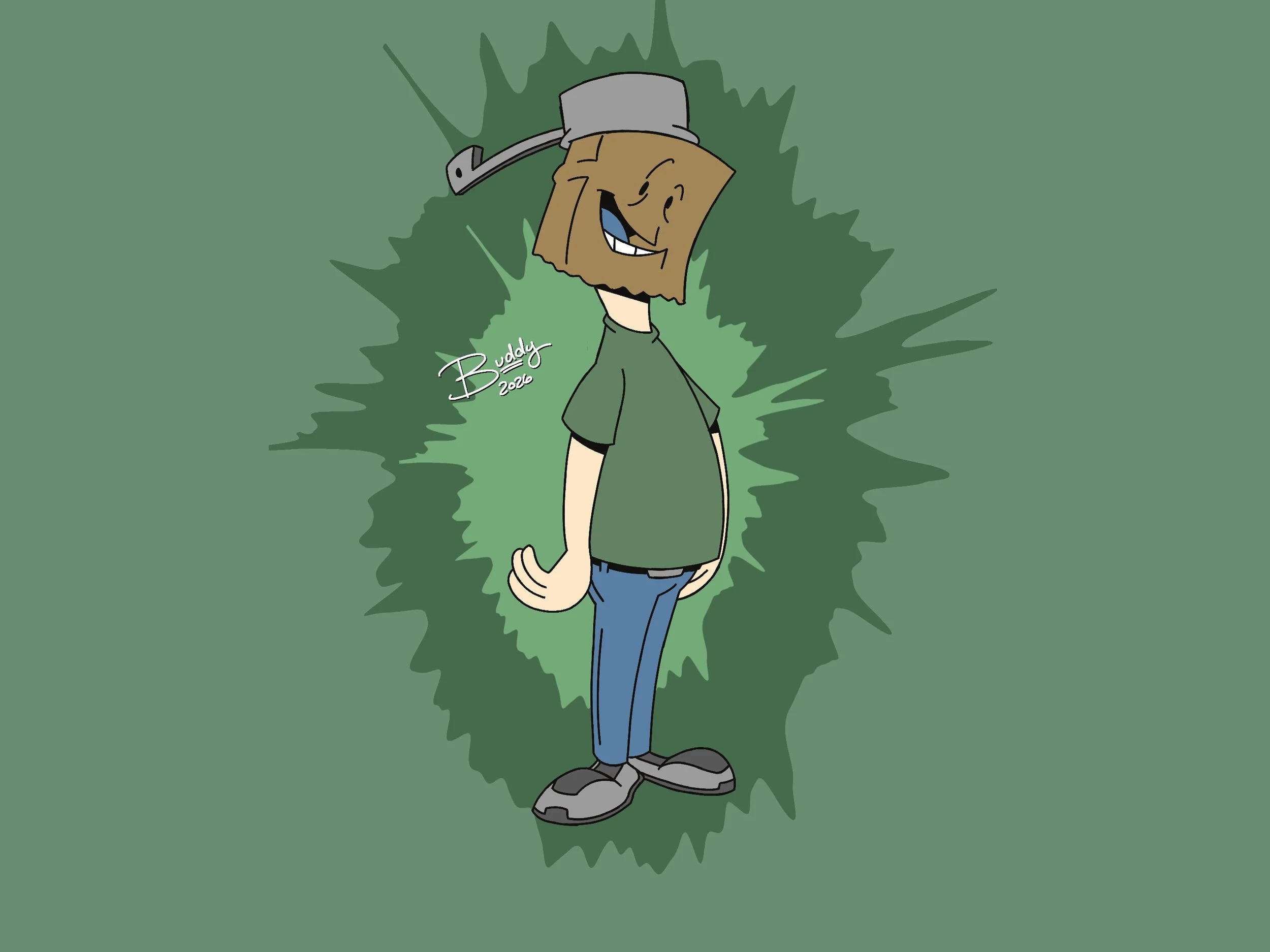 Digital cartoon of a smiling person with light skin, brown hair, and a beard, wearing a baseball cap, green shirt, and blue jeans, standing with their hand in their pocket against a green splatter background.