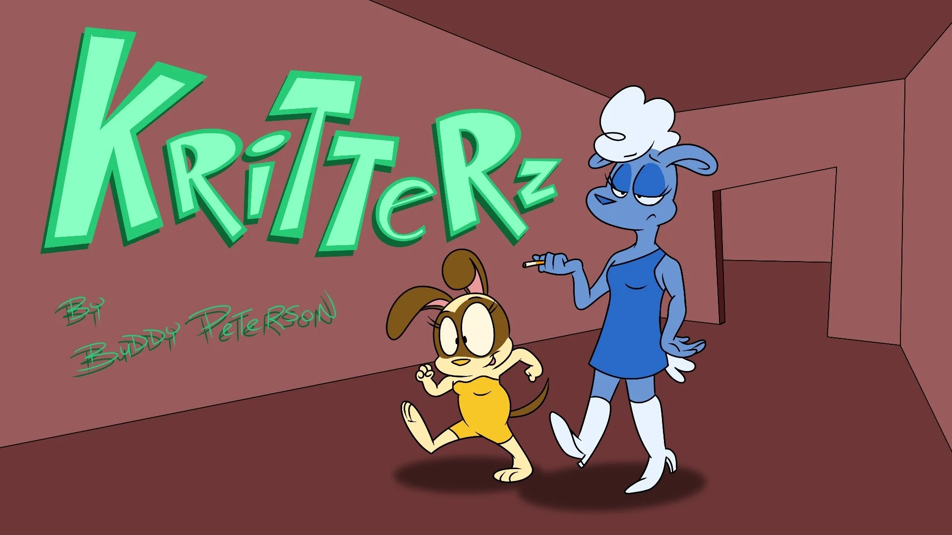 A cartoon illustration titled 'Kritterz' by Buddy Peterson features two anthropomorphic animals in a room with a reddish-brown wall. One is a blue, dog-like creature with white hair, holding a cigarette, standing confidently. The other is a small, yellow, dog-like character in a yellow dress, running happily. The title 'Kritterz' is in large, green, stylized letters on the wall.