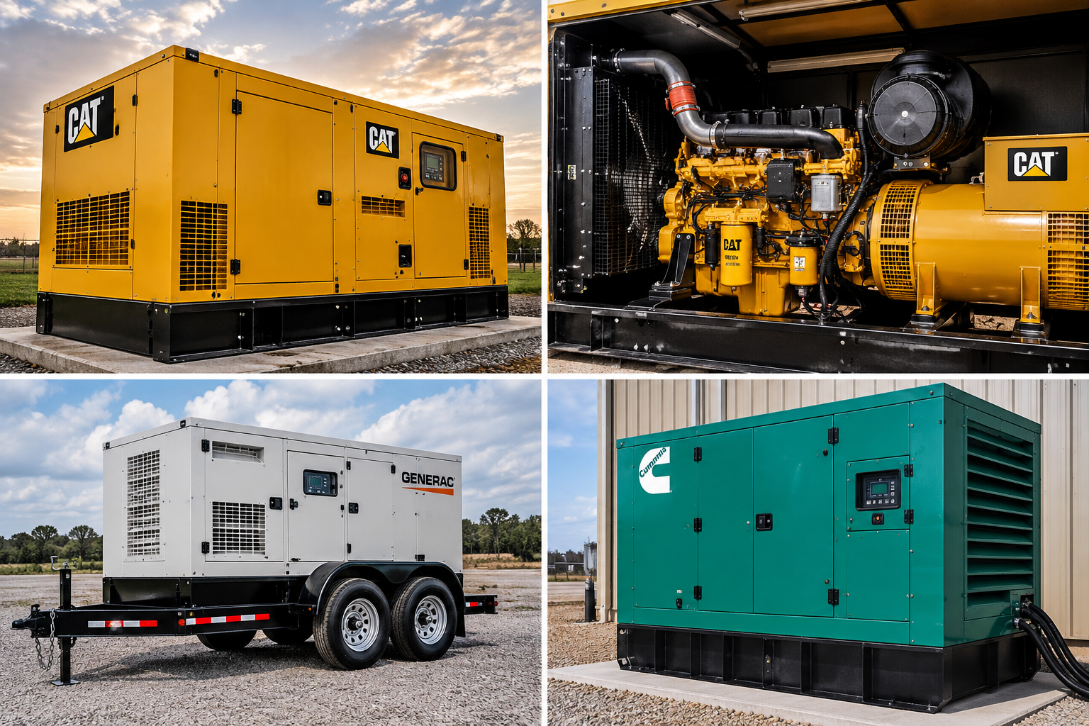 Four different models of industrial generators, each in different colors (yellow, white, green, black), located outdoors on concrete or gravel surfaces.