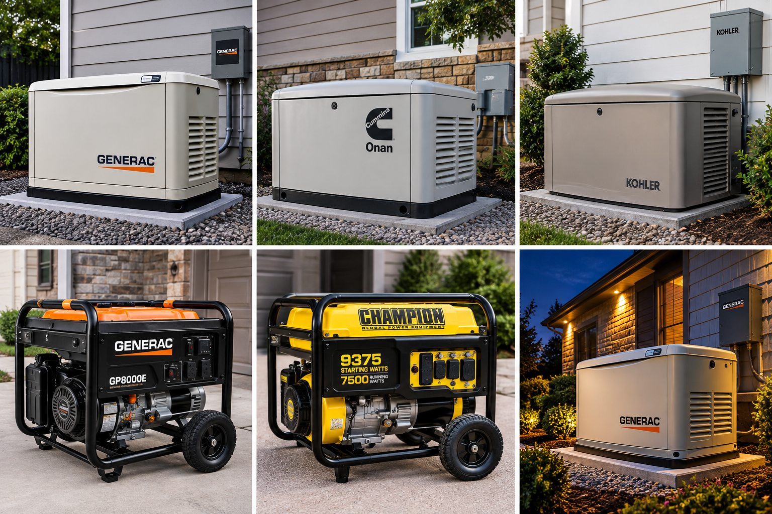 Series of six images showcasing different generators and HVAC units outside homes, with some units powered by Generac, Kohler, Champion, and Onan brands, depicted in daytime and nighttime settings.