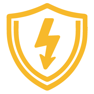 A shield emblem with a lightning bolt in the center, outlined in black with a yellow background.