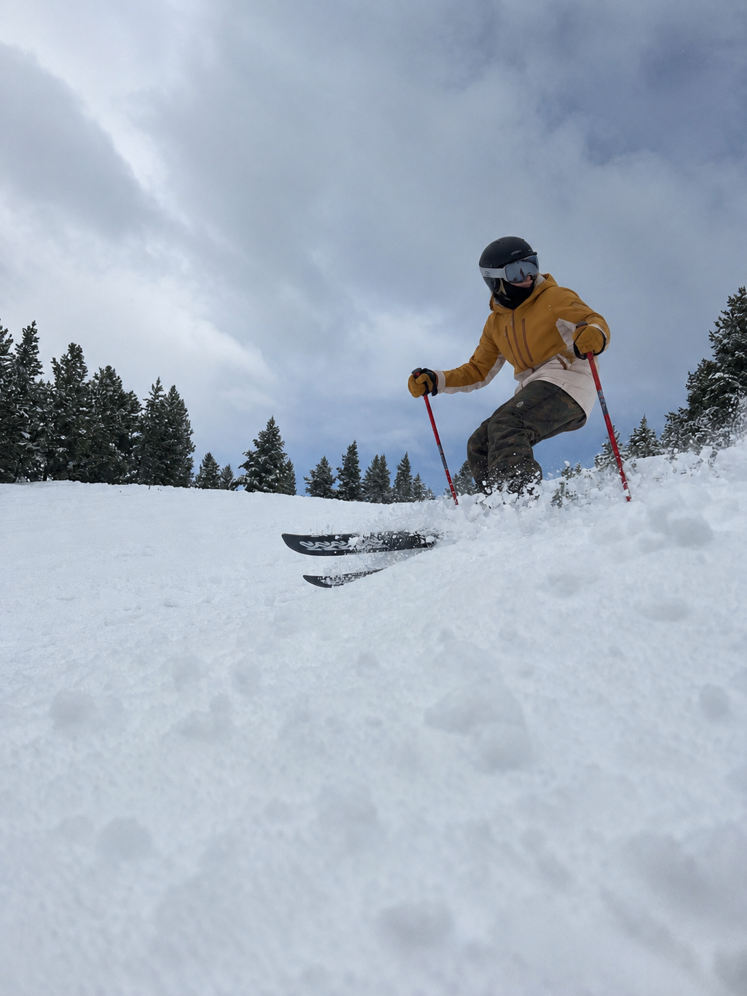 A person skiing down Mount Crested Butte slopes wearing comfortable gear, camouflage pants, helmet, and goggles, with a pine forest in the background under a cloudy sky.