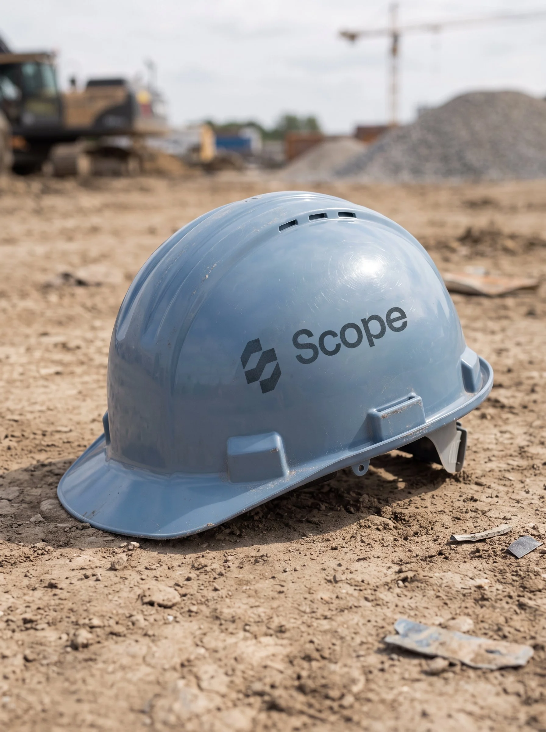 Engineers reviewing blueprint plans at a construction site with a safety helmet on the table.