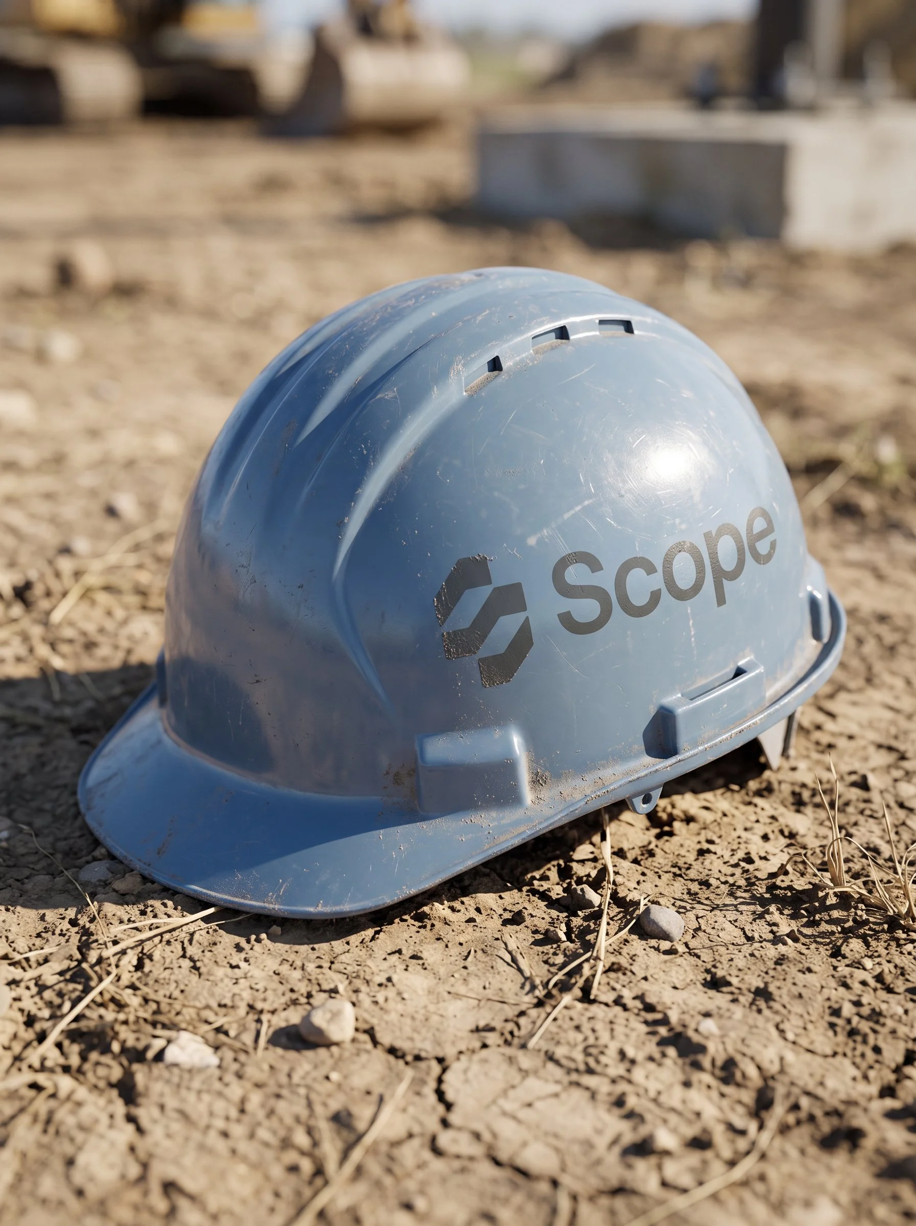 Construction site with a blue safety helmet in the foreground, placed on dirt ground.