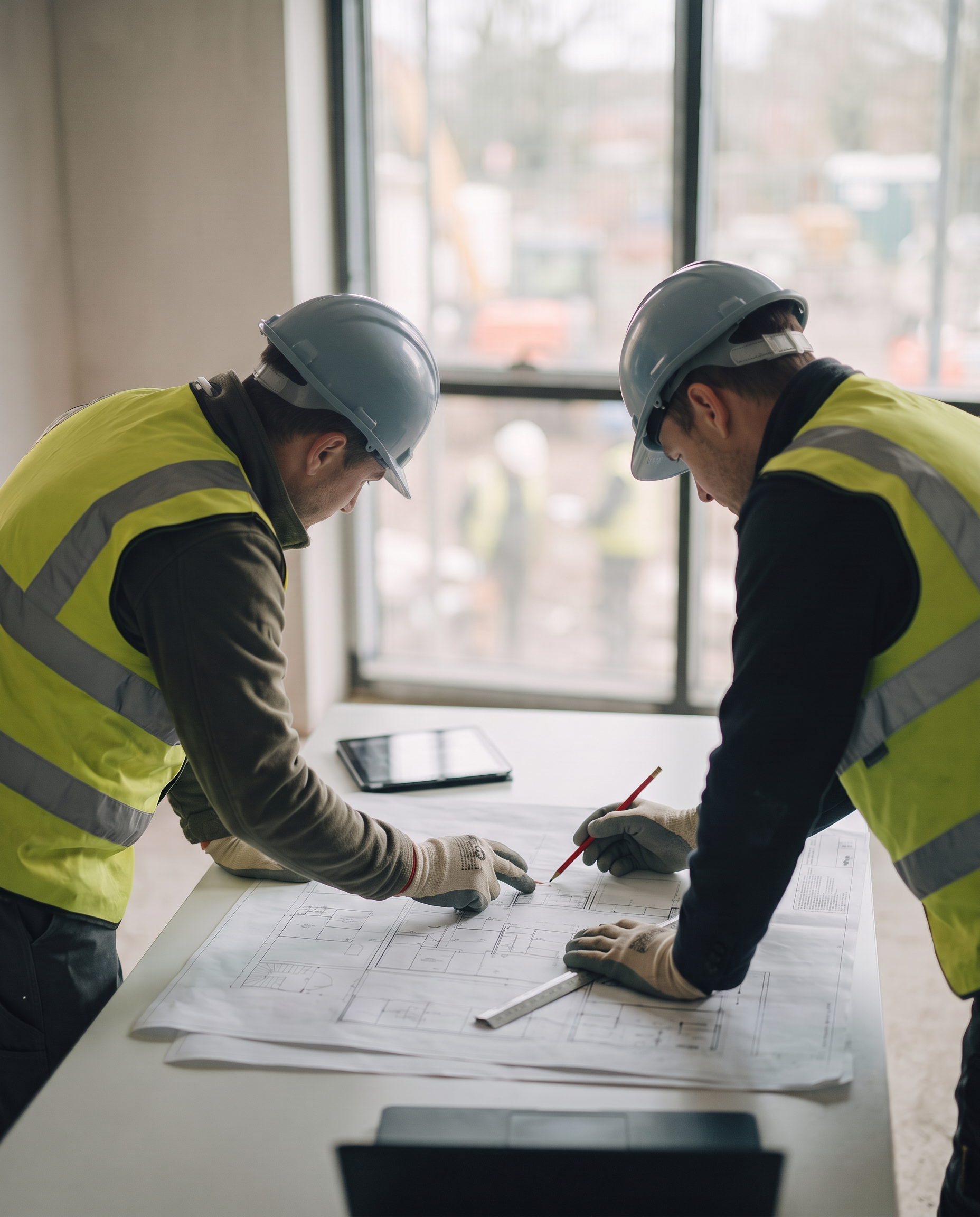 Two construction workers wearing safety helmets and reflective vests are standing over a blueprint on a table inside a building, discussing the plans.
