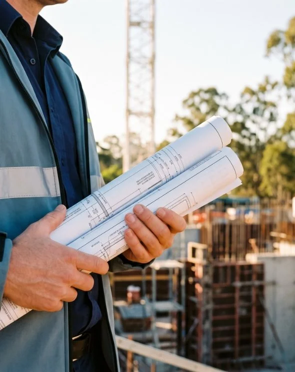 A person holding rolled-up blueprints or architectural plans on a construction site with buildings and trees in the background.