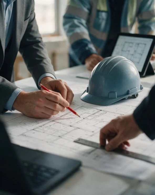 Engineers reviewing blueprint plans at a construction site with a safety helmet on the table.