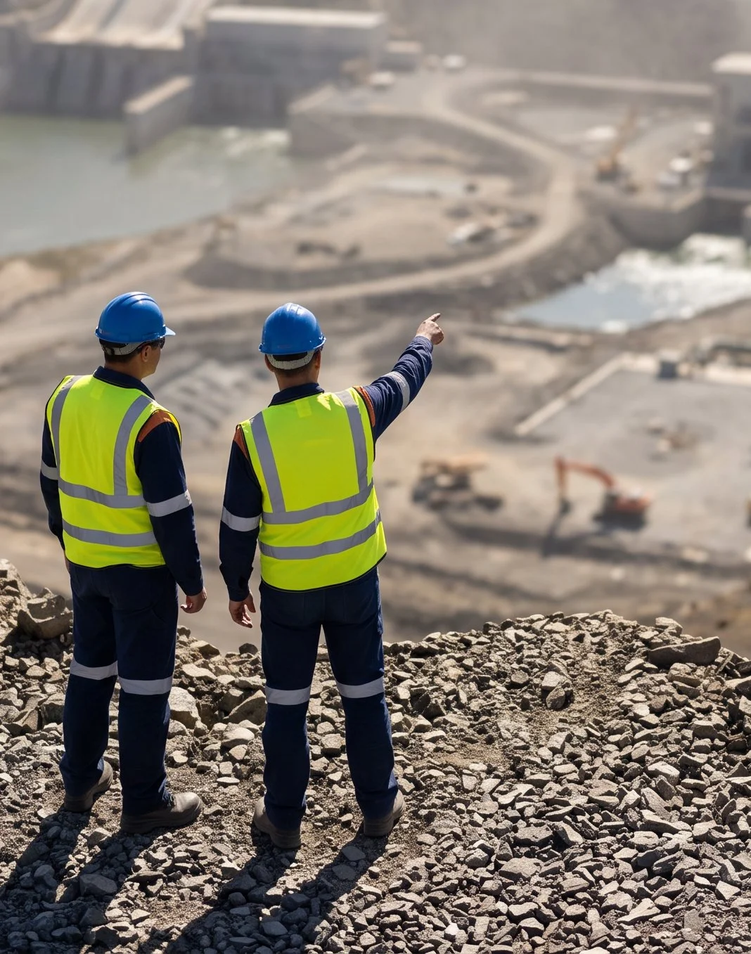 Two construction workers wearing safety vests and helmets standing on a rocky hill, discussing a construction site below.