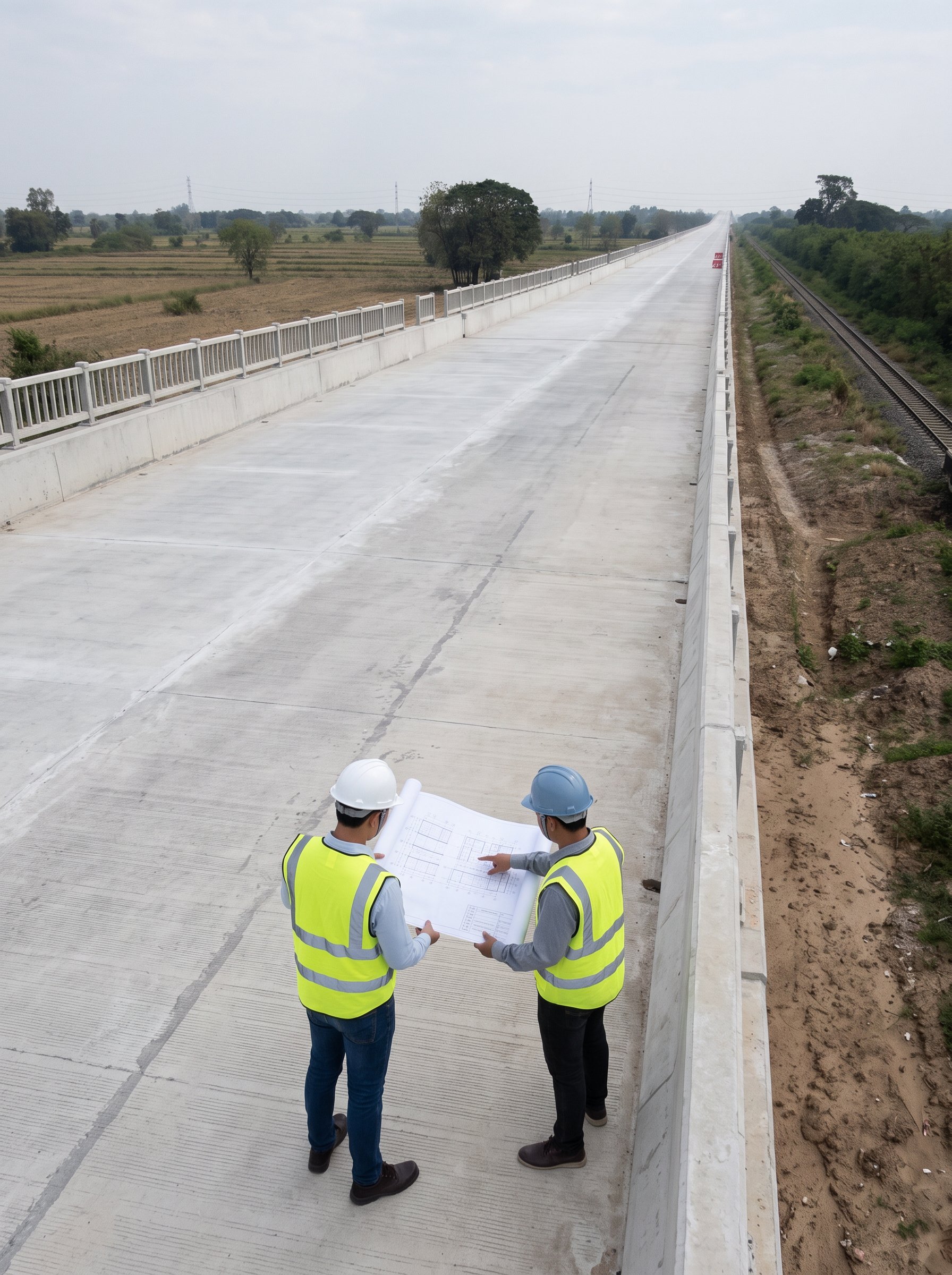 Two construction workers wearing safety vests and helmets discussing blueprints on a new bridge under construction, overlooking a rural landscape with fields and trees.