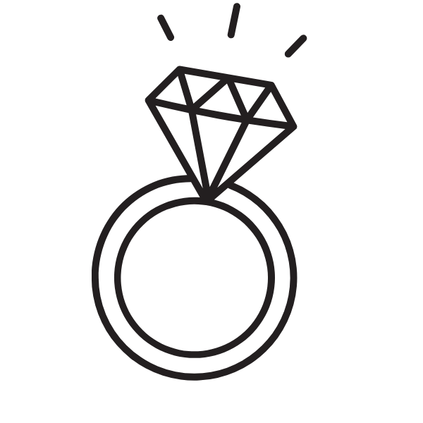 Outline of a diamond ring with a large gemstone on top.