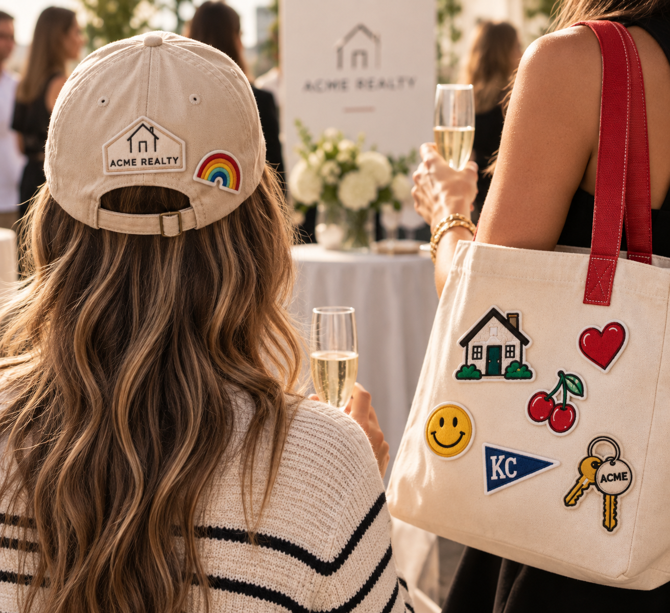 Back view of a woman with long wavy hair wearing a beige cap with patches, holding a glass of champagne. Another woman beside her is carrying a tote bag with patches, holding a glass of champagne. People are gathered outdoors for an event, with a table of white flowers and a sign that reads 'ACME REALTY' in the background.