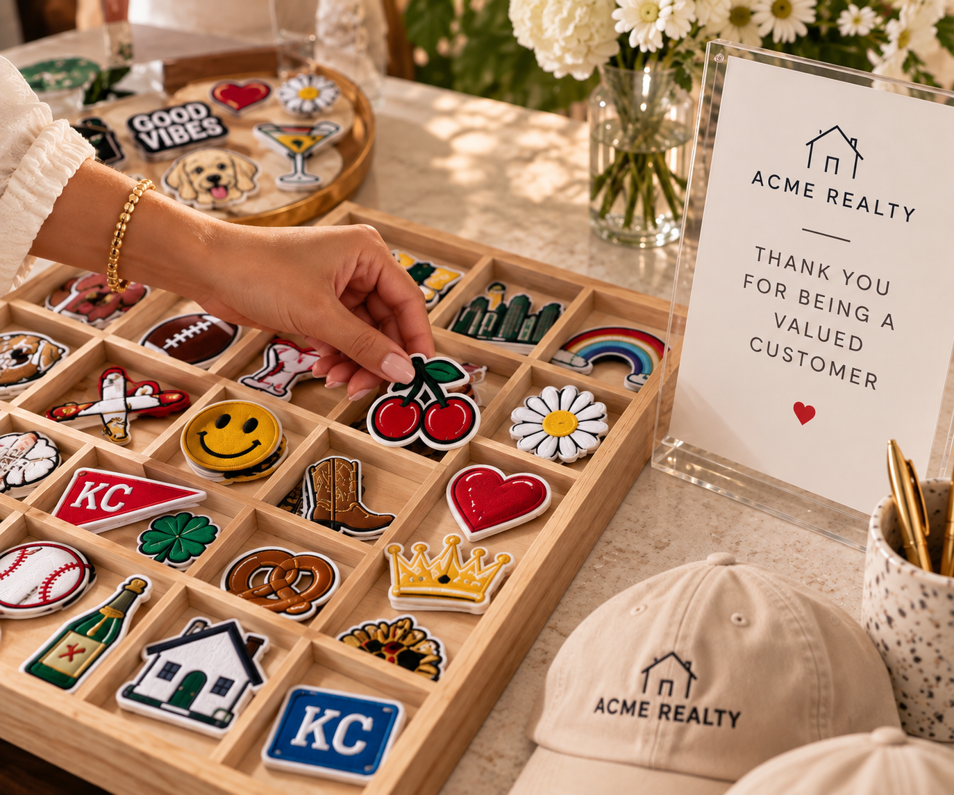 A person's hand reaching to pick up a patch with cherries from a wooden tray filled with various colorful patches. The tray is on a table that also contains a clear sign with the Acme Realty logo and message thanking customers for their business, a cap with the company logo, and a vase of white flowers in the background.