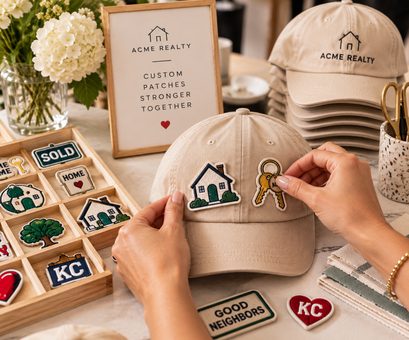 A person shows decorative patches and keychains on a beige baseball cap at a table. The table has various patches, a framed quote, and hats with the "ACME REALTY" logo stacked. There is a flower arrangement and a container with scissors nearby.
