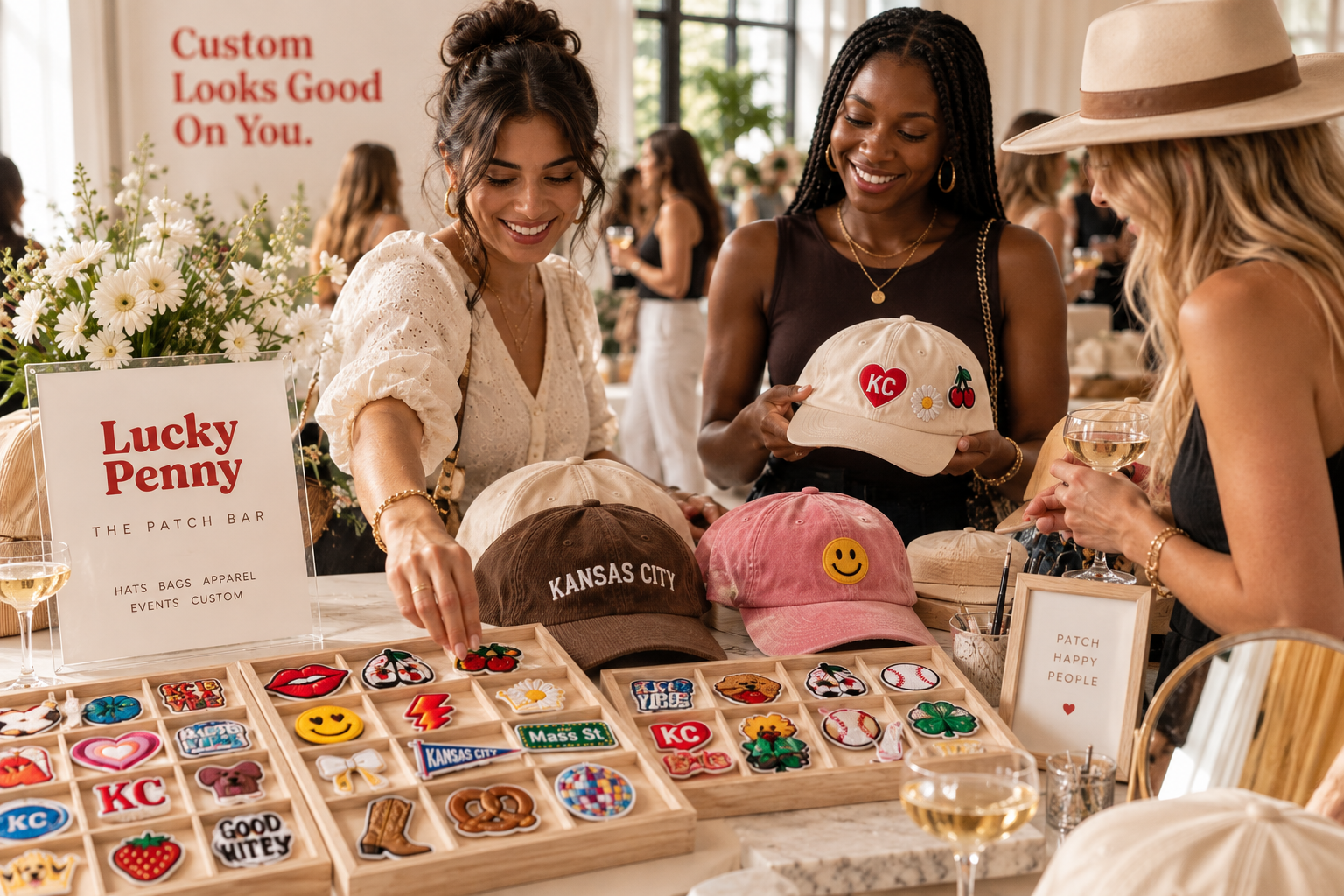 Three women shopping at a booth with colorful embroidered patches and hats in a well-lit indoor market. A display sign reads 'Lucky Penny' and 'The Patch Bar,' offering custom hats, bags, and apparel. One woman is holding a hat with KC and cherry patches, another is pointing at patches, and the third is holding a drink and wearing a hat. The background shows other shoppers and a sign that says 'Custom Looks Good On You.'