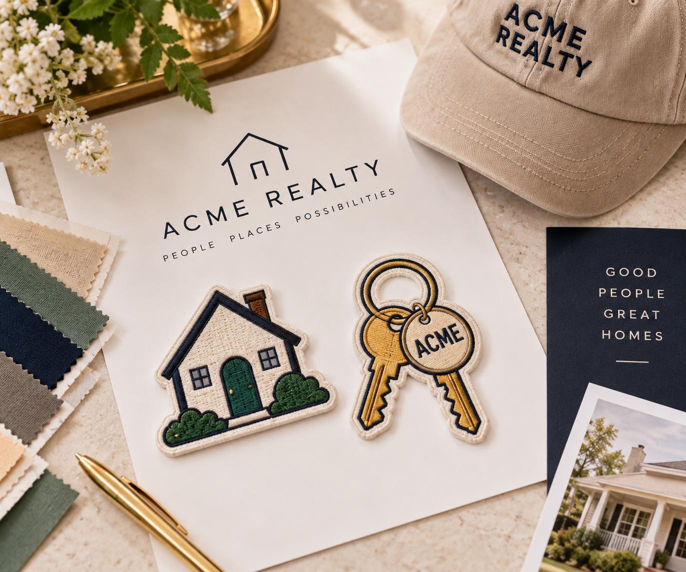 A collection of real estate branding items, including a white paper with 'ACME REALTY' and the slogan 'People Places Possibilities,' fabric samples, a gold pen, a baseball cap with 'ACME REALTY,' embroidered patches of a house and keys with 'ACME,' a photograph of a house, and a dark blue card with the words 'Good People Great Homes.'