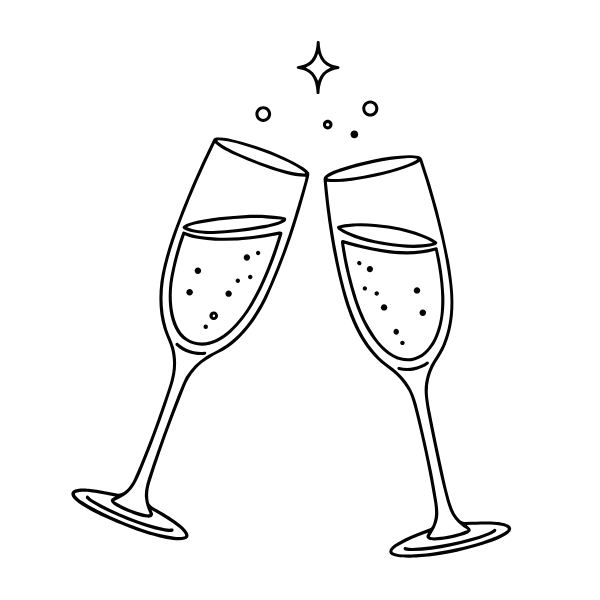 Outline drawing of two champagne glasses clinking together in celebration.