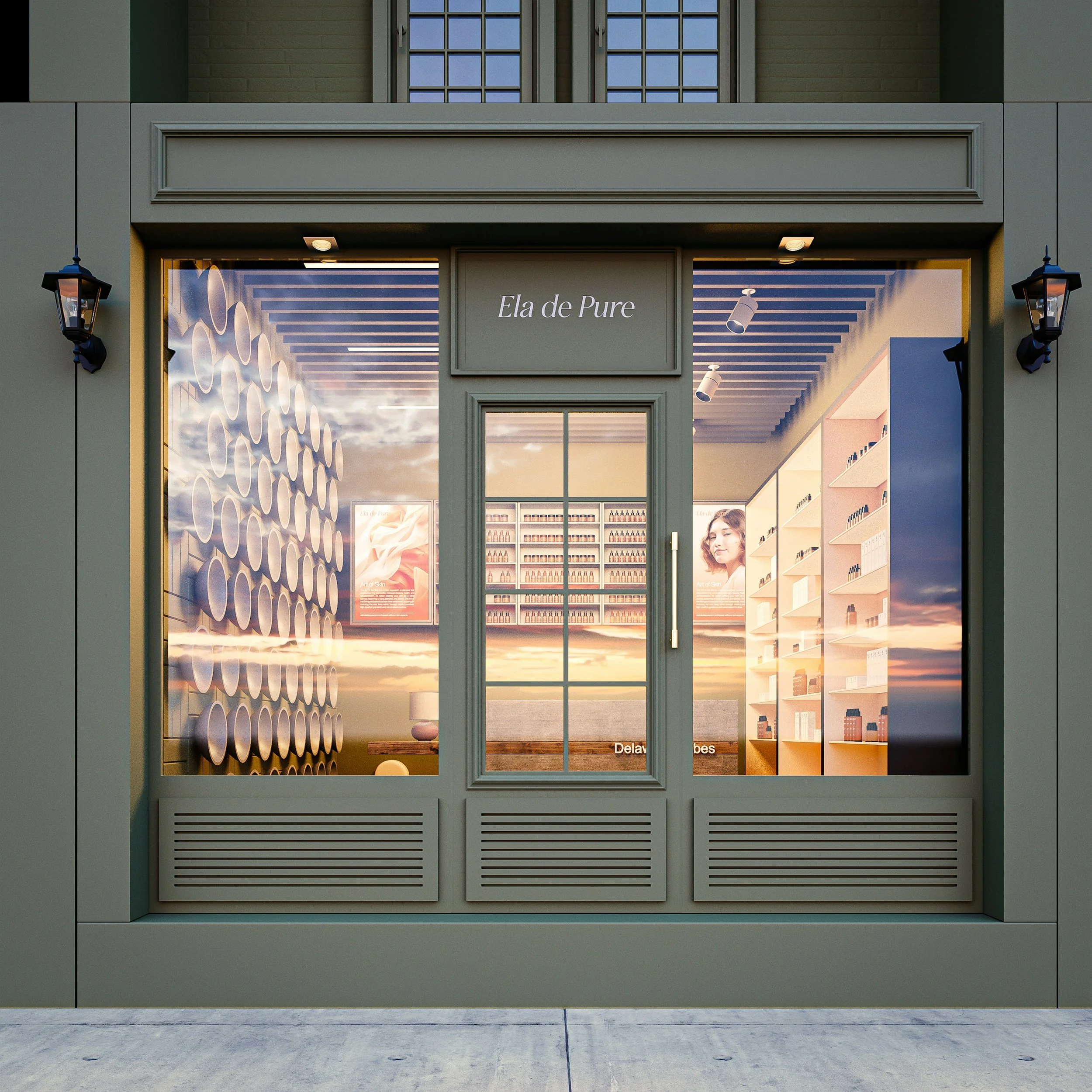 Storefront with a sign that reads Ella de Pure, featuring large display windows and black lantern-style exterior lights on each side.