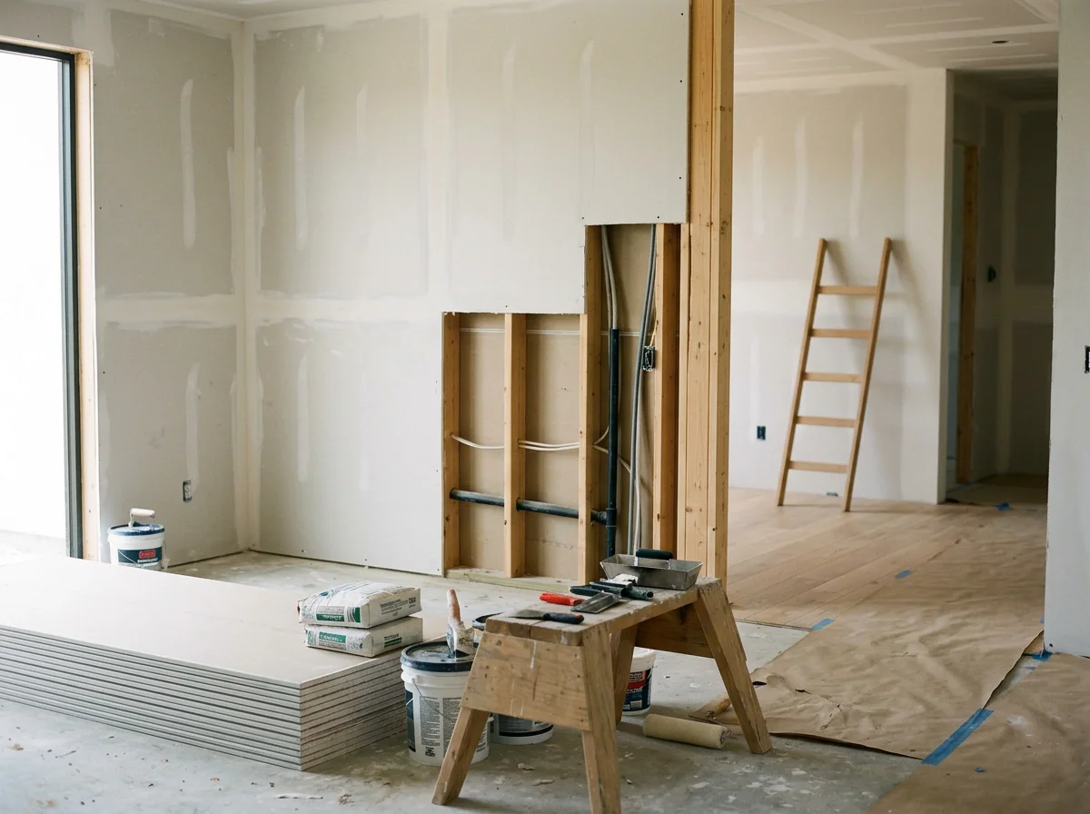 Interior view of a house under construction with drywall and framing, tools, and building materials.
