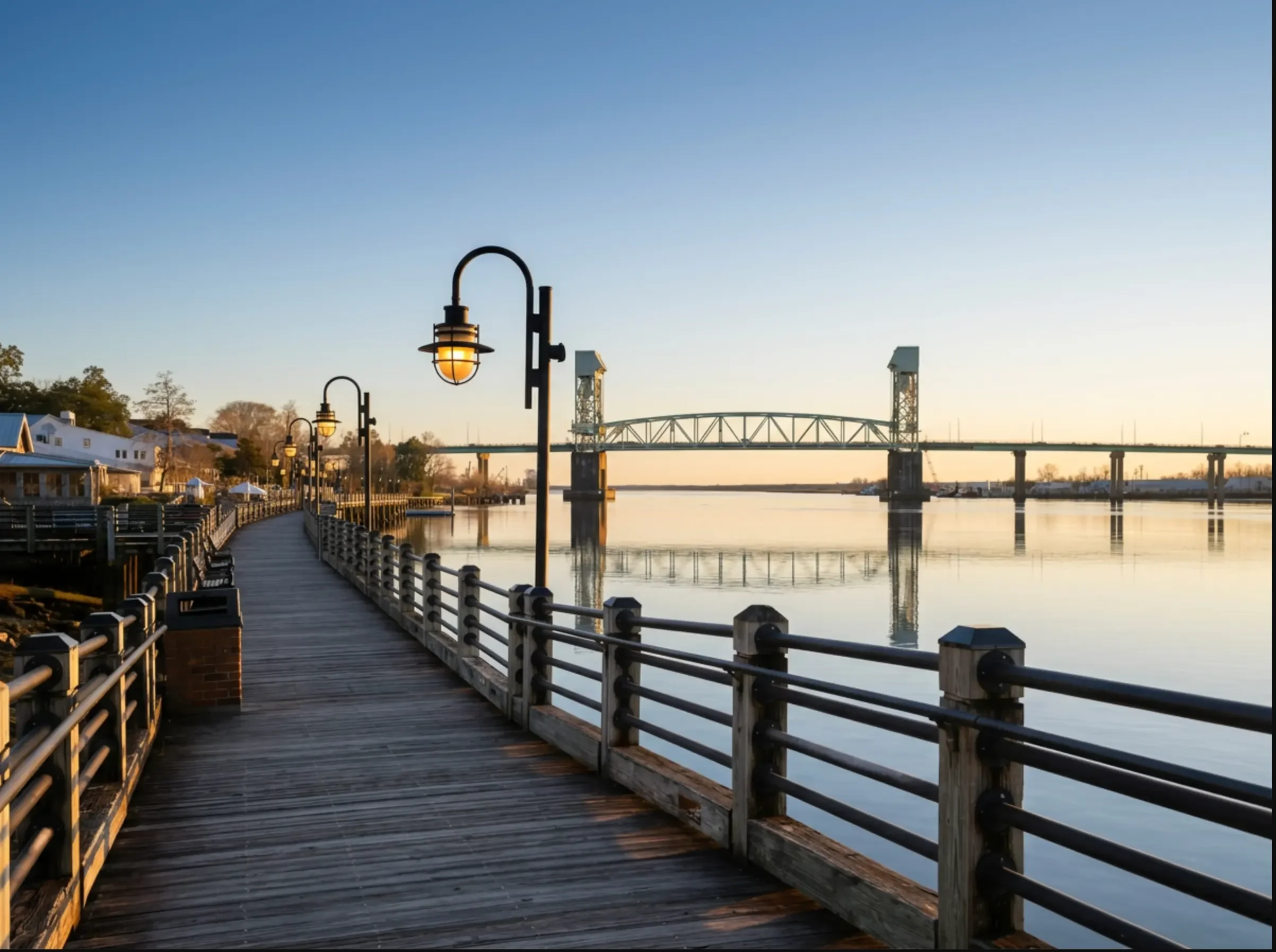 Scenic view of Wilmington Cape Fear Memorial Bridge from the Wilmington Riverwalk at sunrise