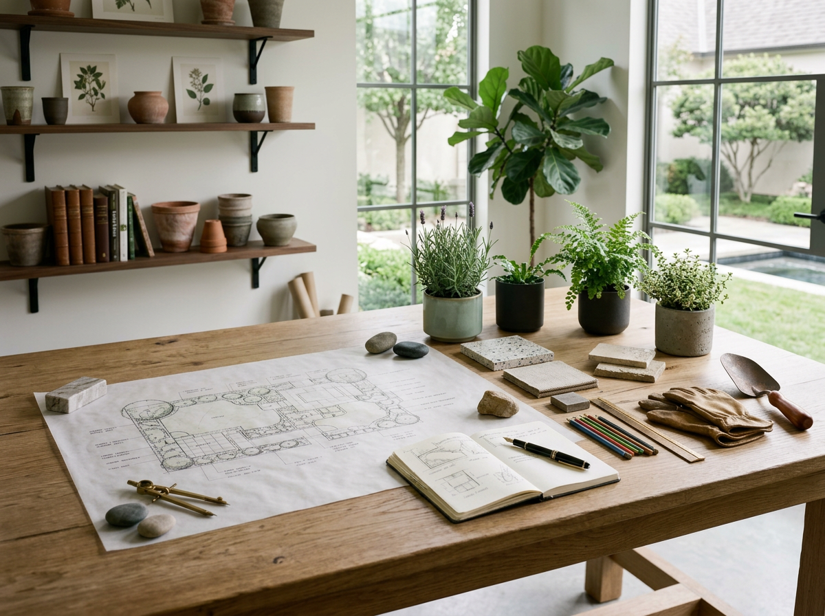 A workspace with architectural plans, sample materials, coloring pencils, and potted plants on a wooden table near large windows with a garden view.