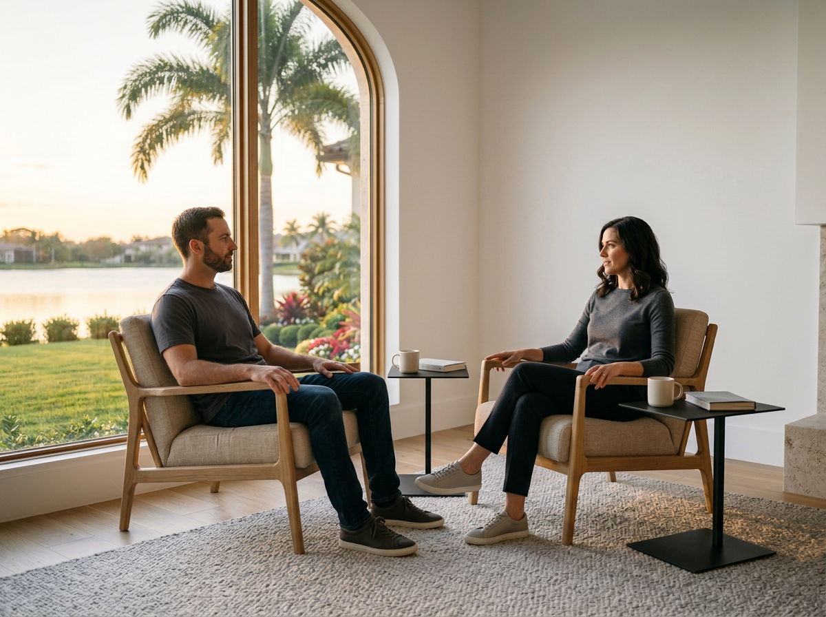 A man and woman sit facing each other in a bright room with large windows showing a lakeside and palm trees outside. They are seated in comfortable chairs, with small tables holding mugs and books beside them, engaging in conversation.